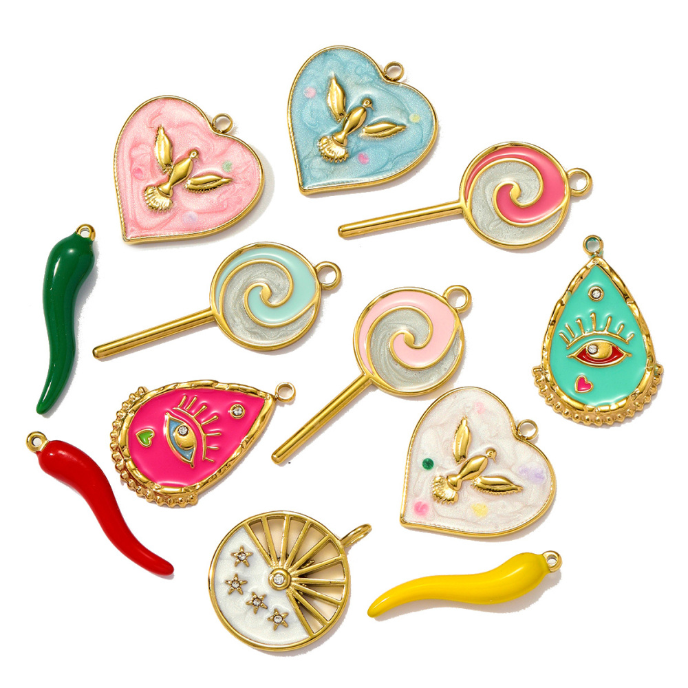 6pcs/pack Stainless Steel Enamel Evil Eye Whaterdrop Diy Charms Woman Chilli Heart Angel Necklace Pendants Lollipop Jewelry Wholesale
