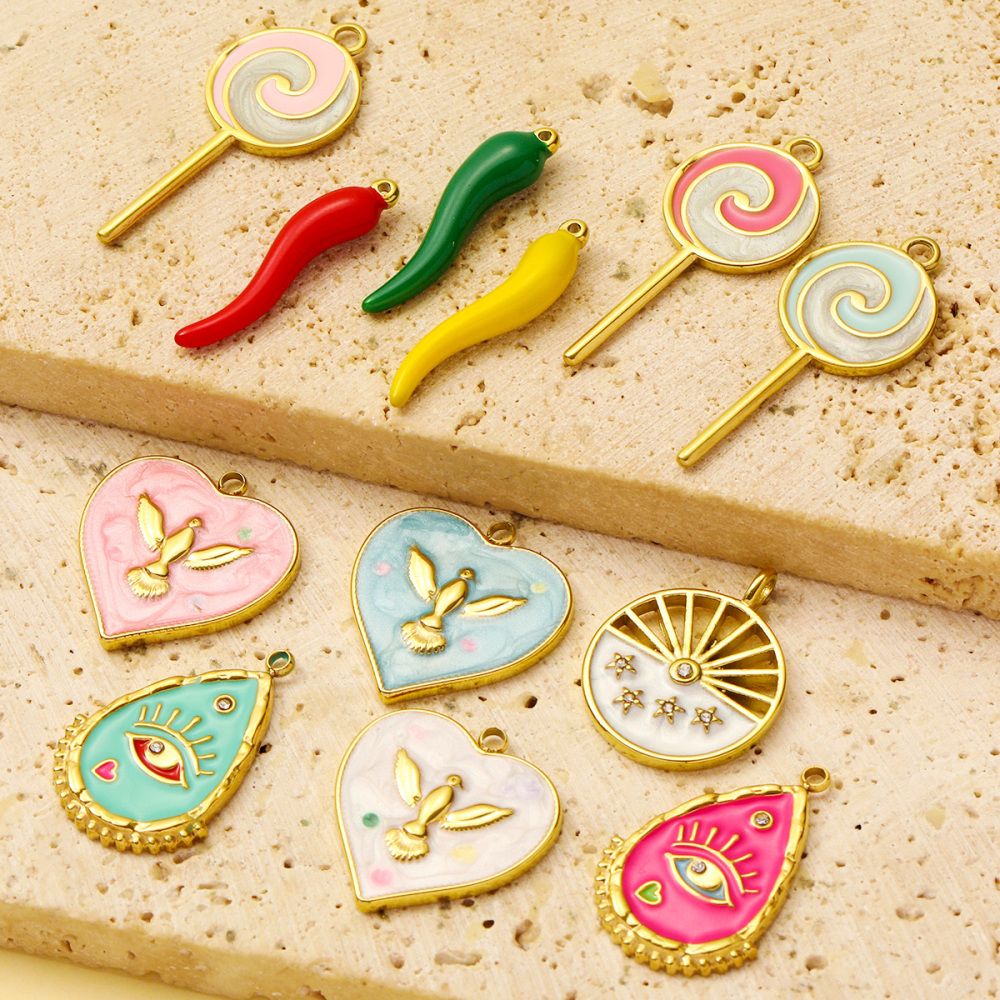 6pcs/pack Stainless Steel Enamel Evil Eye Whaterdrop Diy Charms Woman Chilli Heart Angel Necklace Pendants Lollipop Jewelry Wholesale