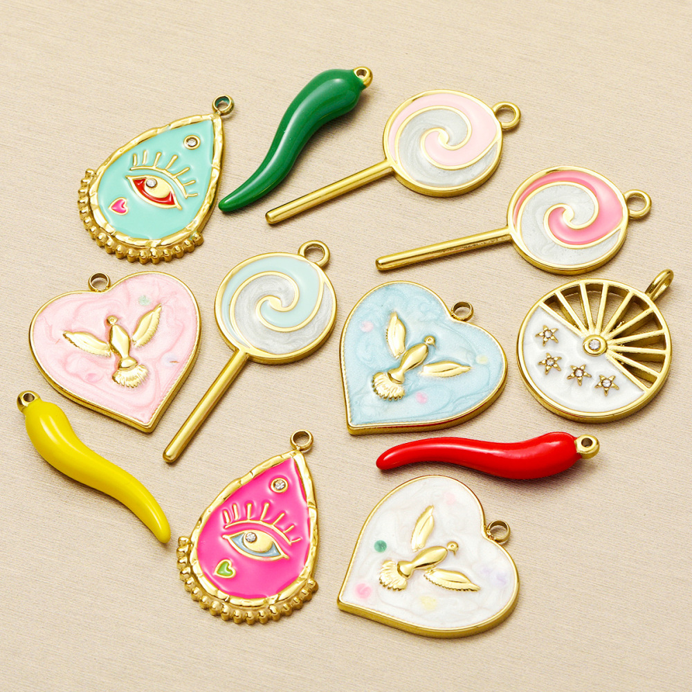 6pcs/pack Stainless Steel Enamel Evil Eye Whaterdrop Diy Charms Woman Chilli Heart Angel Necklace Pendants Lollipop Jewelry Wholesale