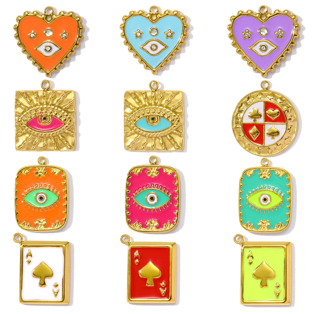 6pcs/pack Wholesale Stainless Steel Enamel Square Heart Diy Earring Charms Woman Evil Eye Necklace Pendants Poker Jewelry