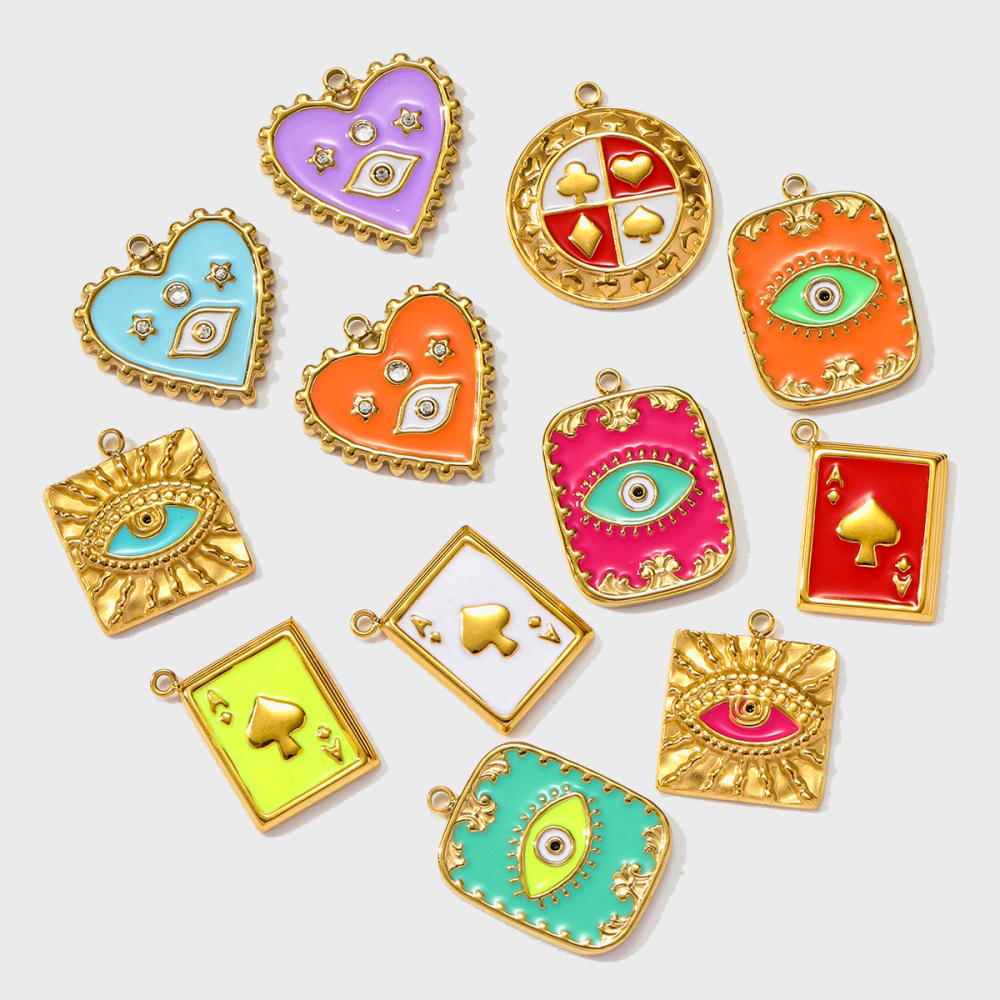 6pcs/pack Wholesale Stainless Steel Enamel Square Heart Diy Earring Charms Woman Evil Eye Necklace Pendants Poker Jewelry