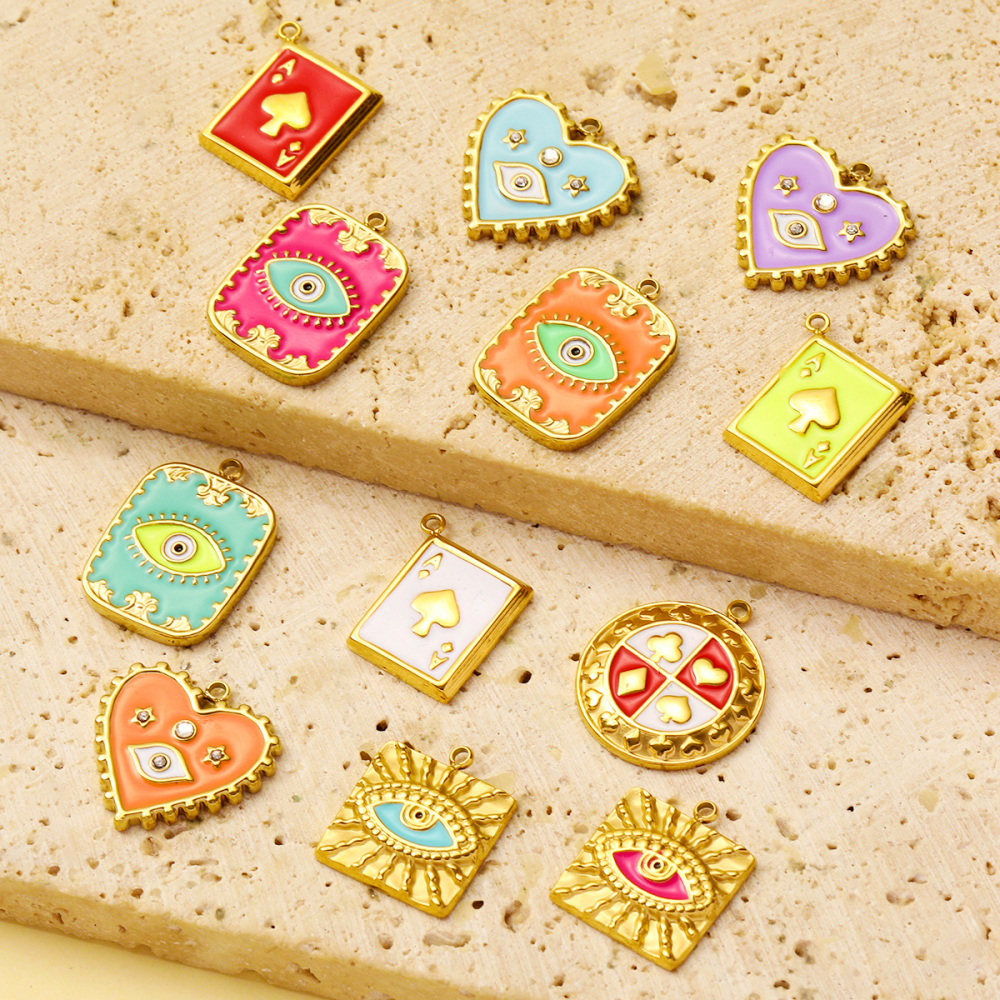 6pcs/pack Wholesale Stainless Steel Enamel Square Heart Diy Earring Charms Woman Evil Eye Necklace Pendants Poker Jewelry