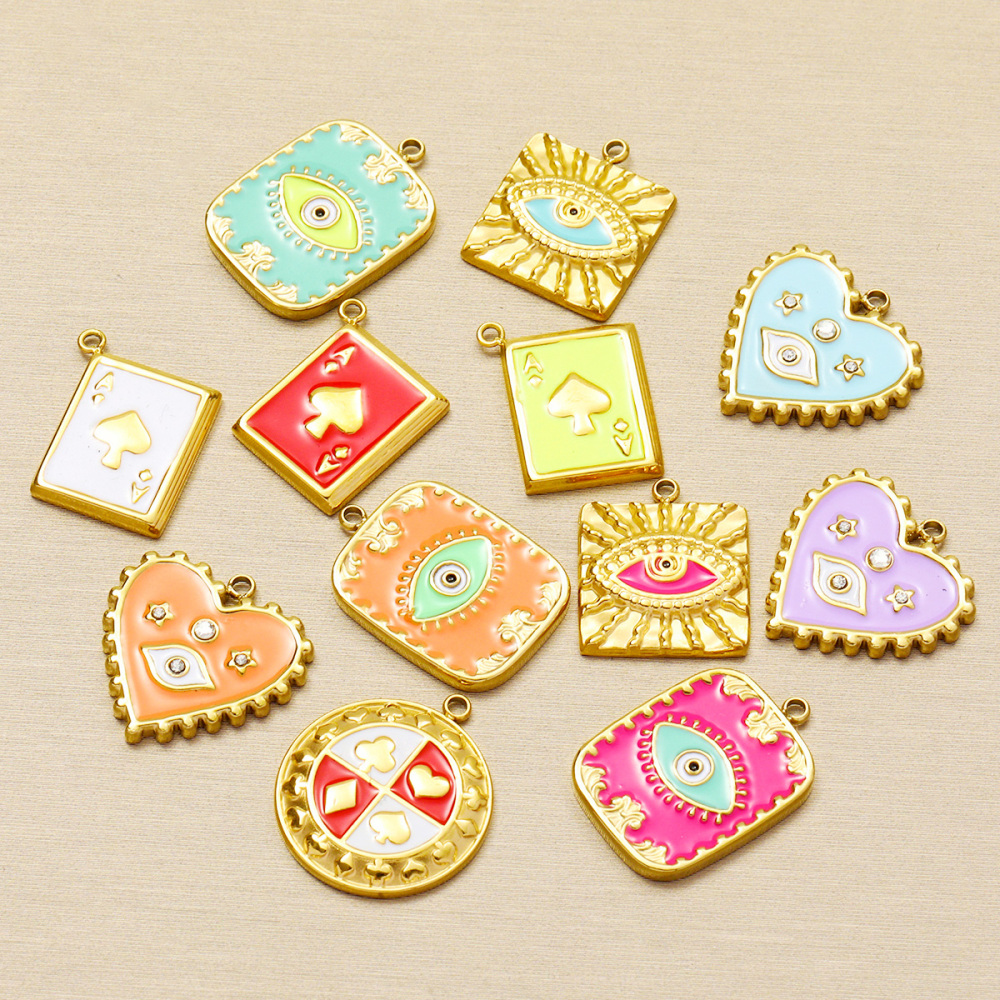 6pcs/pack Wholesale Stainless Steel Enamel Square Heart Diy Earring Charms Woman Evil Eye Necklace Pendants Poker Jewelry