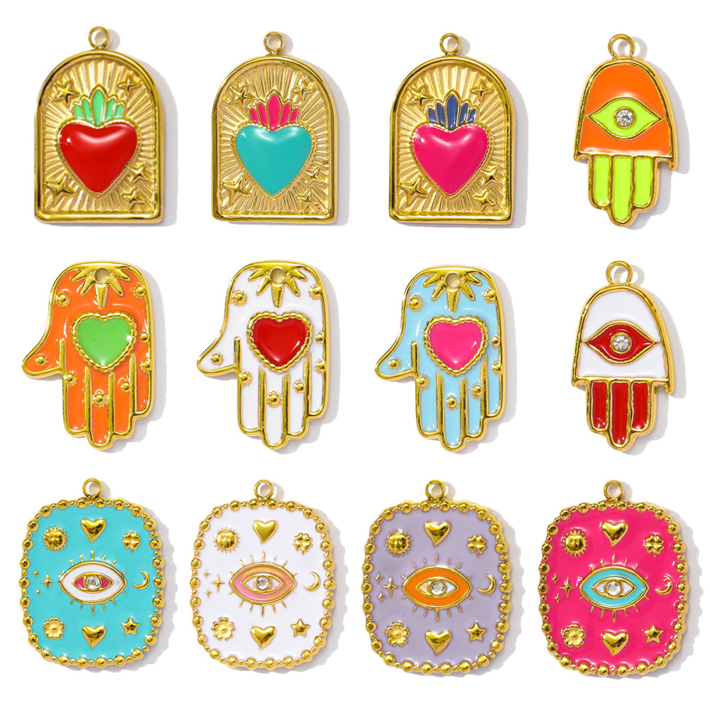 6pcs/pack Wholesale Stainless Steel Enamel Star Heart Diy Charms Woman Geomotric Evil Eye Necklace Pendants Hamsa Hand Jewelry