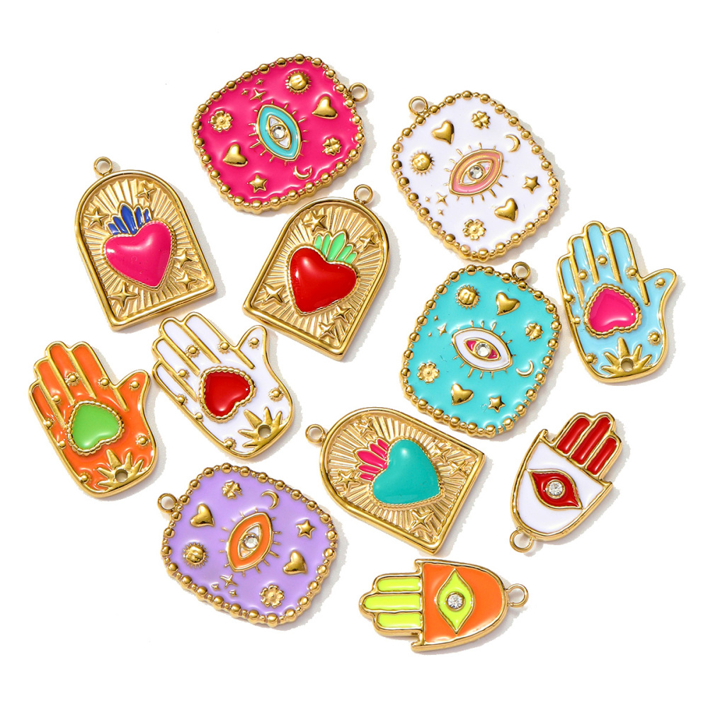 6pcs/pack Wholesale Stainless Steel Enamel Star Heart Diy Charms Woman Geomotric Evil Eye Necklace Pendants Hamsa Hand Jewelry
