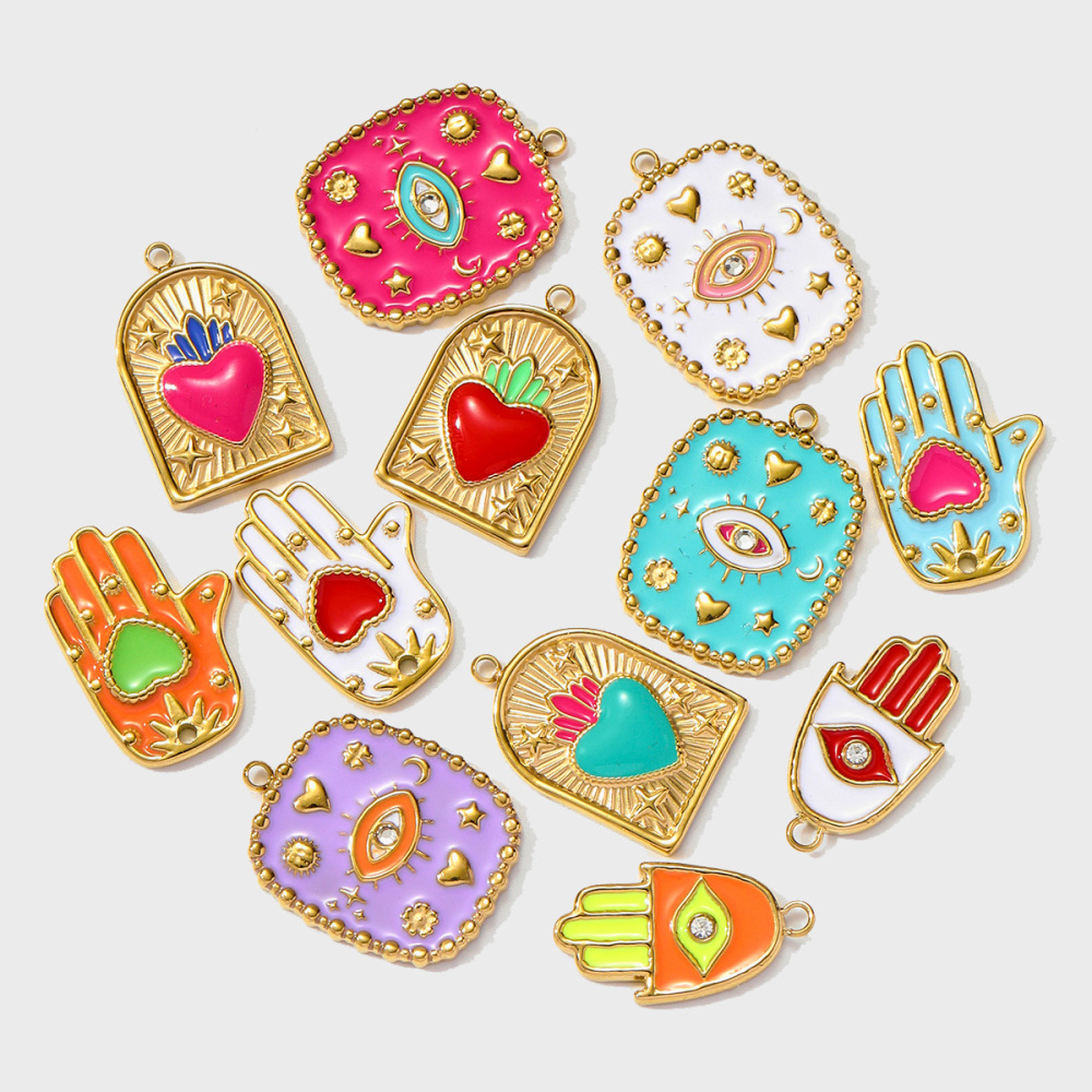 6pcs/pack Wholesale Stainless Steel Enamel Star Heart Diy Charms Woman Geomotric Evil Eye Necklace Pendants Hamsa Hand Jewelry