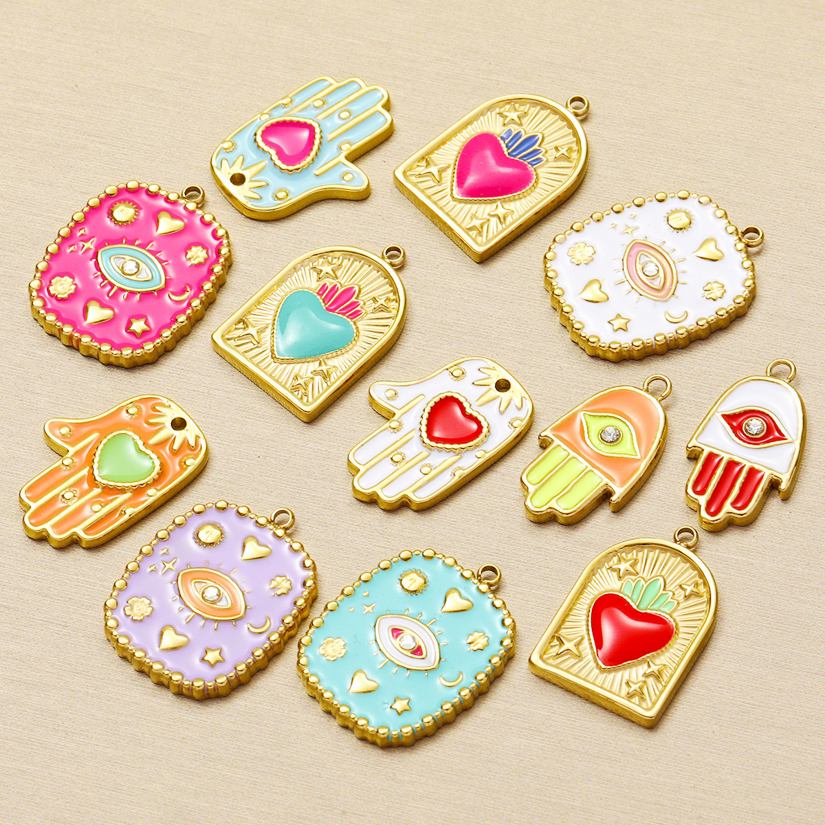 6pcs/pack Wholesale Stainless Steel Enamel Star Heart Diy Charms Woman Geomotric Evil Eye Necklace Pendants Hamsa Hand Jewelry