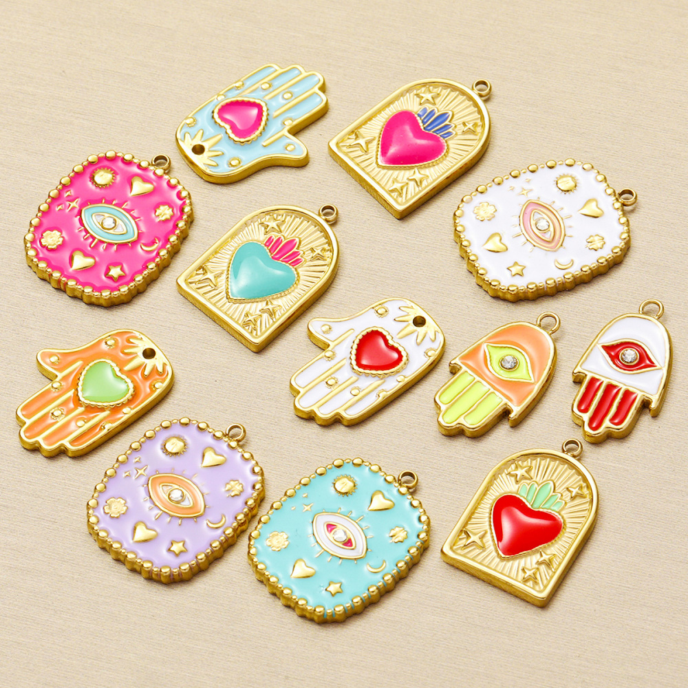 6pcs/pack Wholesale Stainless Steel Enamel Star Heart Diy Charms Woman Geomotric Evil Eye Necklace Pendants Hamsa Hand Jewelry
