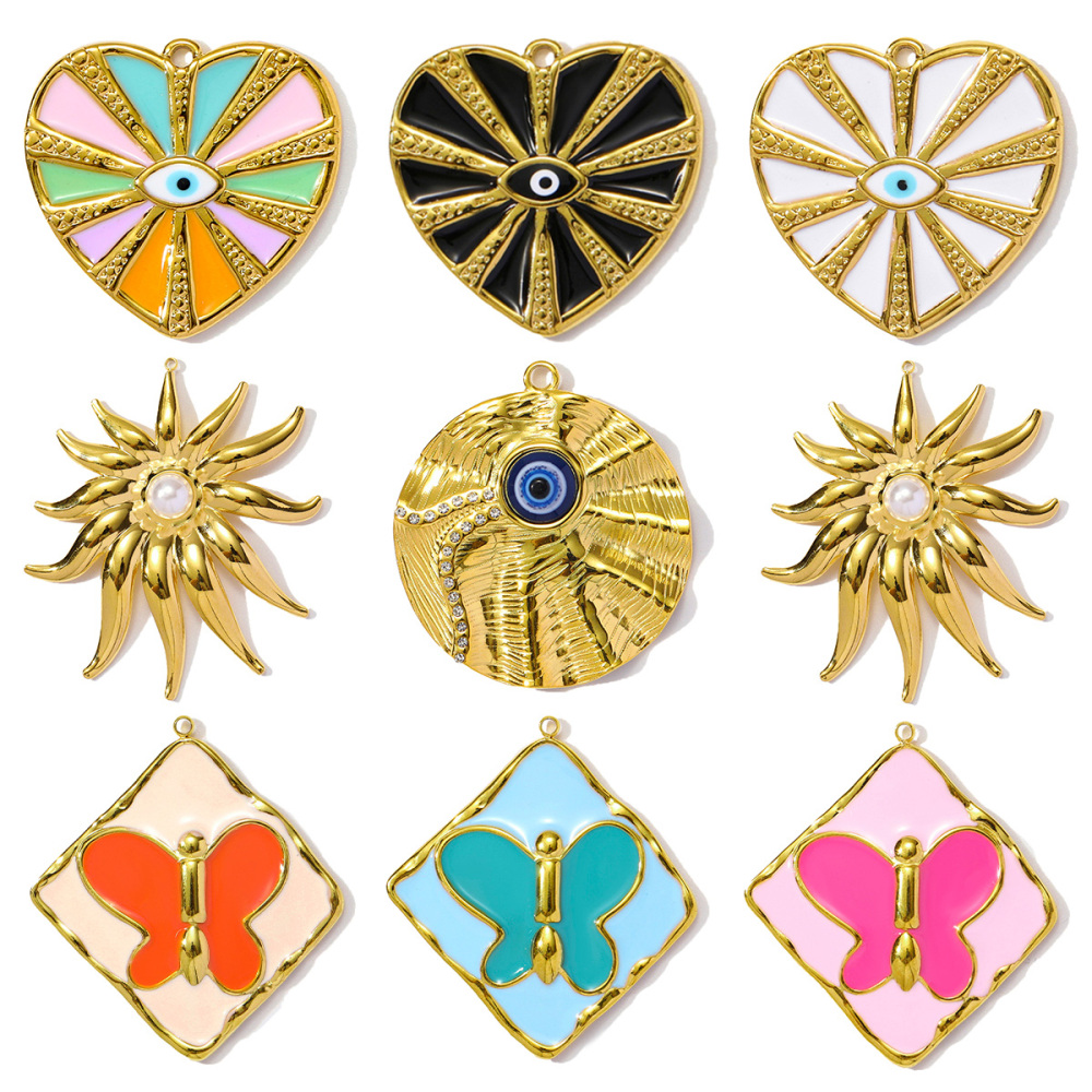 6pcs/pack Wholesale Stainless Steel Enamel Heart Evil Eye Diy Earring Charms Square Butterfly Necklace Pendants Sea Anemone Jewelry