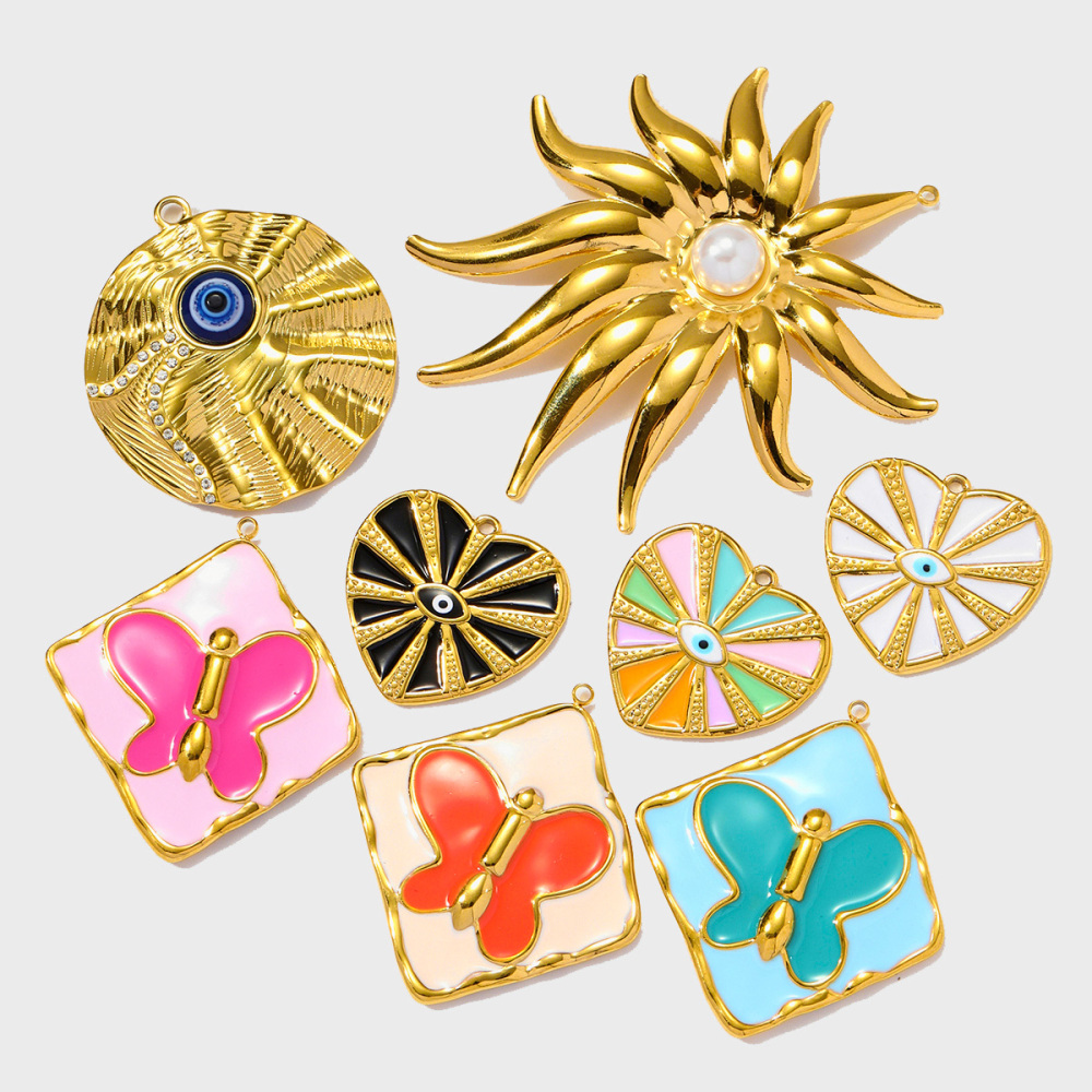 6pcs/pack Wholesale Stainless Steel Enamel Heart Evil Eye Diy Earring Charms Square Butterfly Necklace Pendants Sea Anemone Jewelry