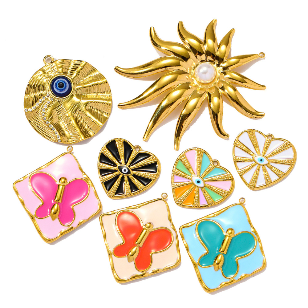 6pcs/pack Wholesale Stainless Steel Enamel Heart Evil Eye Diy Earring Charms Square Butterfly Necklace Pendants Sea Anemone Jewelry
