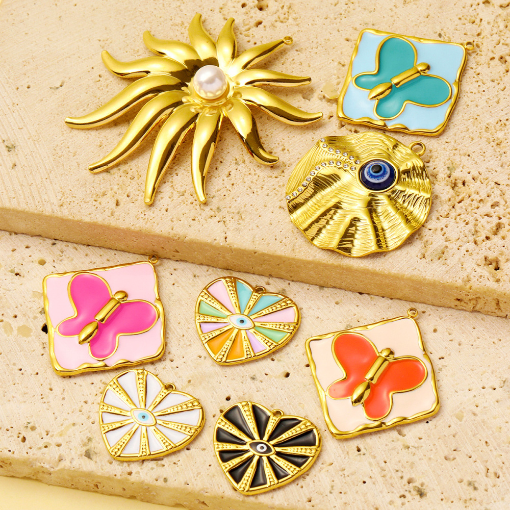 6pcs/pack Wholesale Stainless Steel Enamel Heart Evil Eye Diy Earring Charms Square Butterfly Necklace Pendants Sea Anemone Jewelry