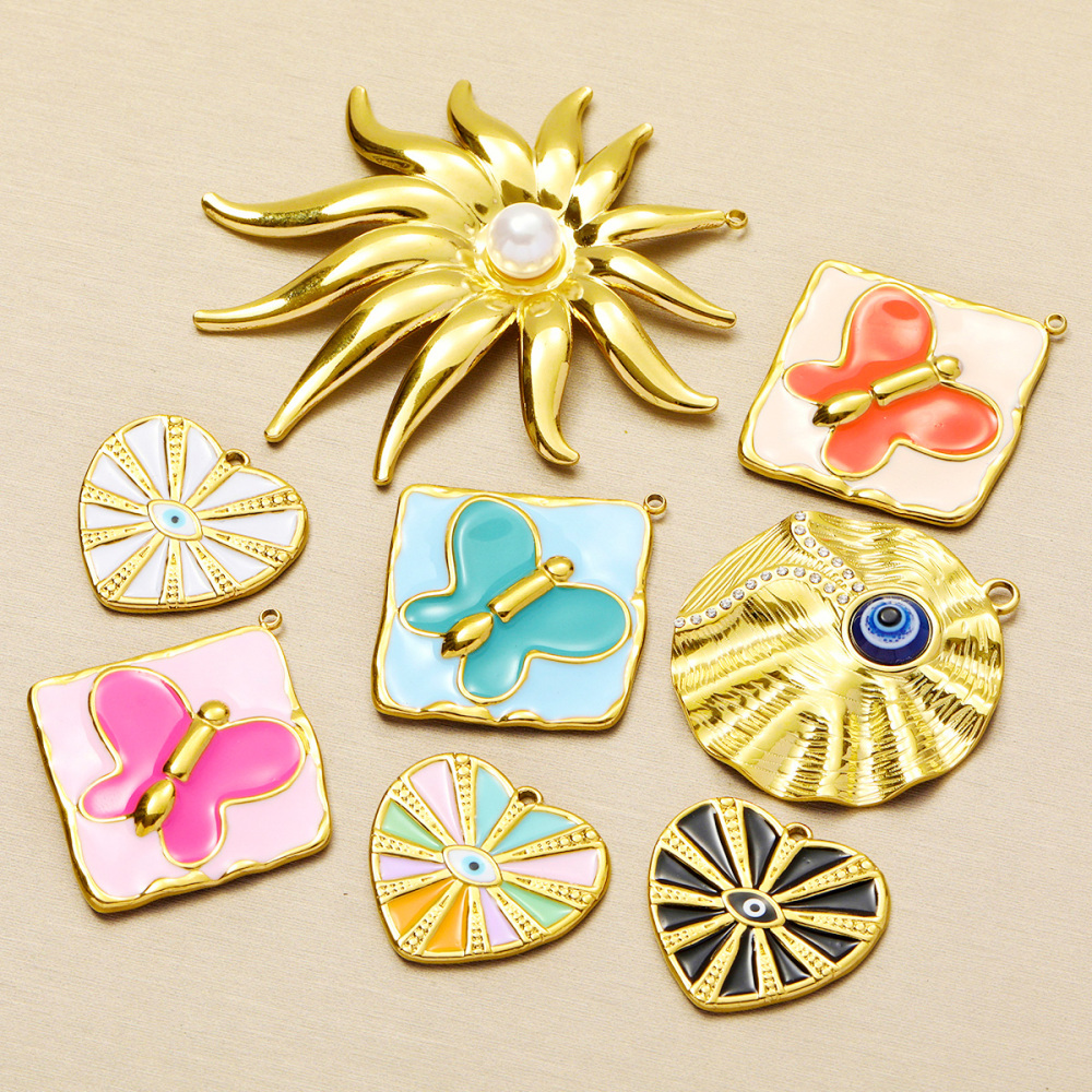 6pcs/pack Wholesale Stainless Steel Enamel Heart Evil Eye Diy Earring Charms Square Butterfly Necklace Pendants Sea Anemone Jewelry