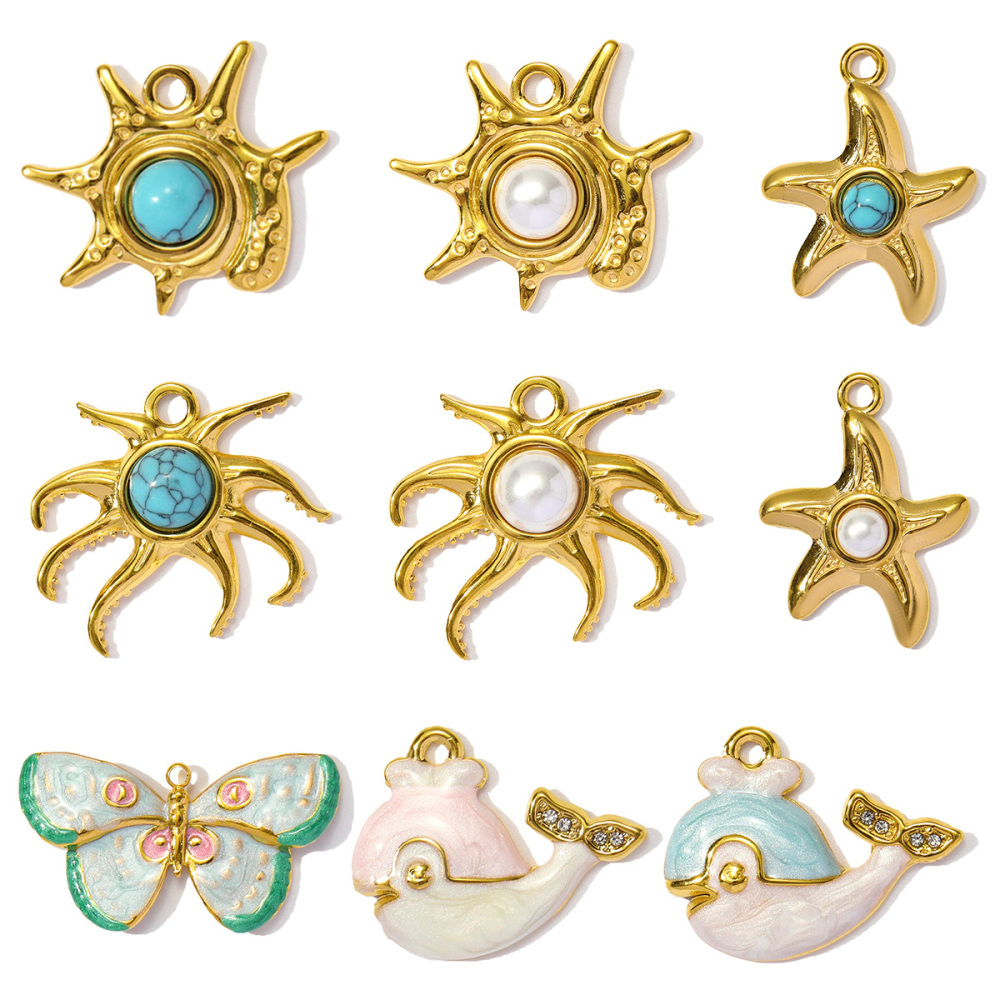 6pcs/pack Wholesale Stainless Steel Natural Stone Anemone Starfish Diy Charms Dolphin Conch Necklace Pendants Butterfly Jewelry