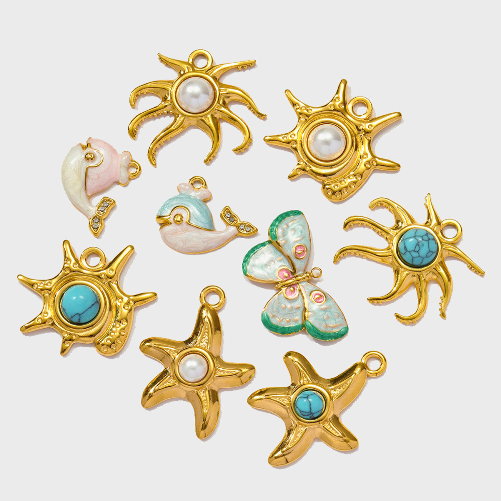 6pcs/pack Wholesale Stainless Steel Natural Stone Anemone Starfish Diy Charms Dolphin Conch Necklace Pendants Butterfly Jewelry