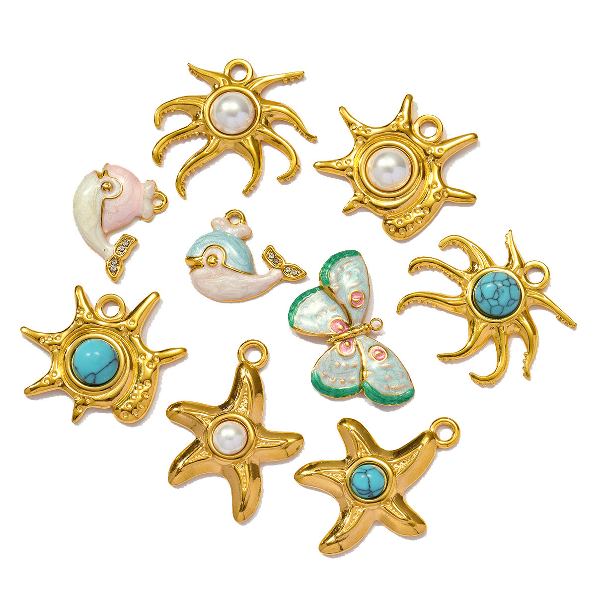 6pcs/pack Wholesale Stainless Steel Natural Stone Anemone Starfish Diy Charms Dolphin Conch Necklace Pendants Butterfly Jewelry