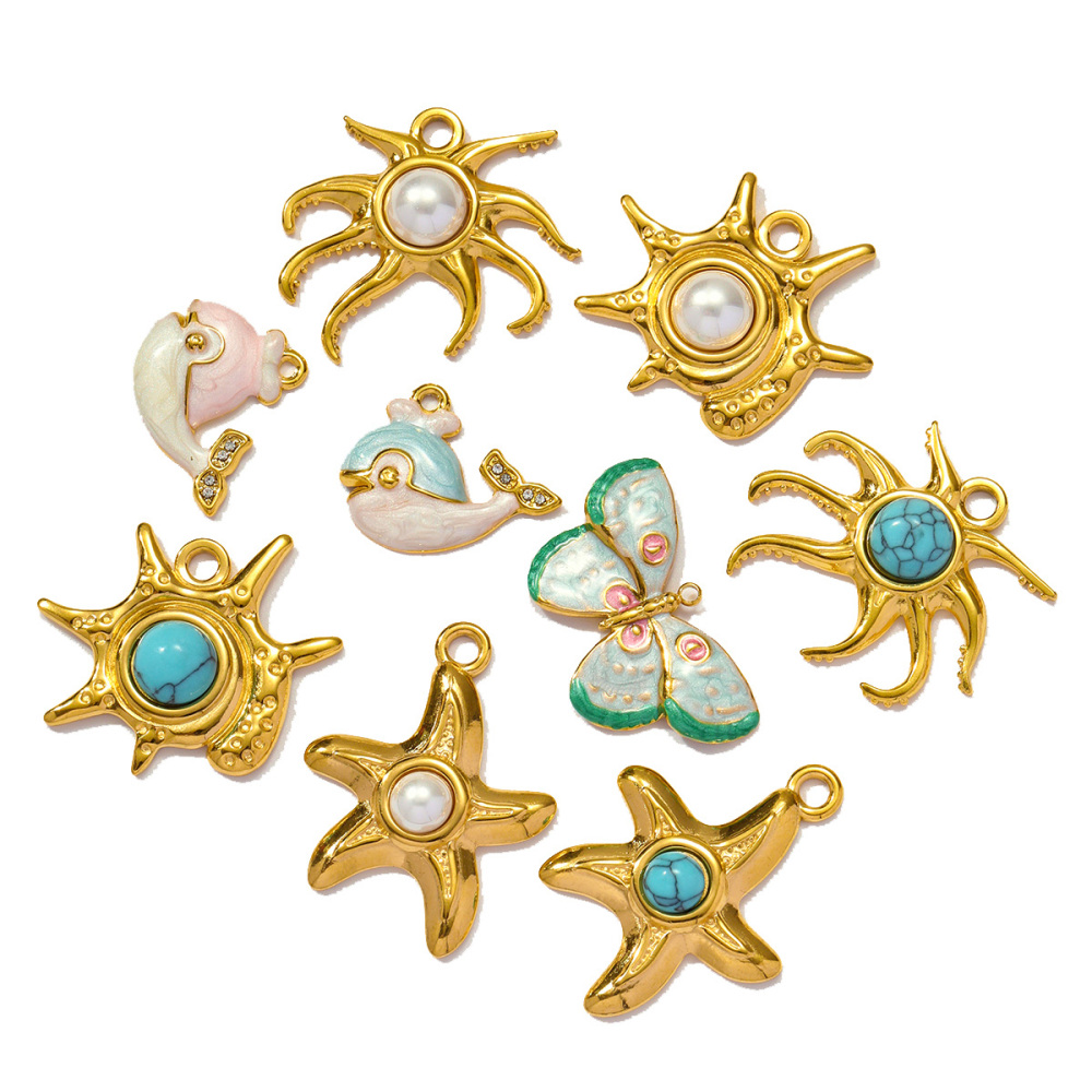 6pcs/pack Wholesale Stainless Steel Natural Stone Anemone Starfish Diy Charms Dolphin Conch Necklace Pendants Butterfly Jewelry