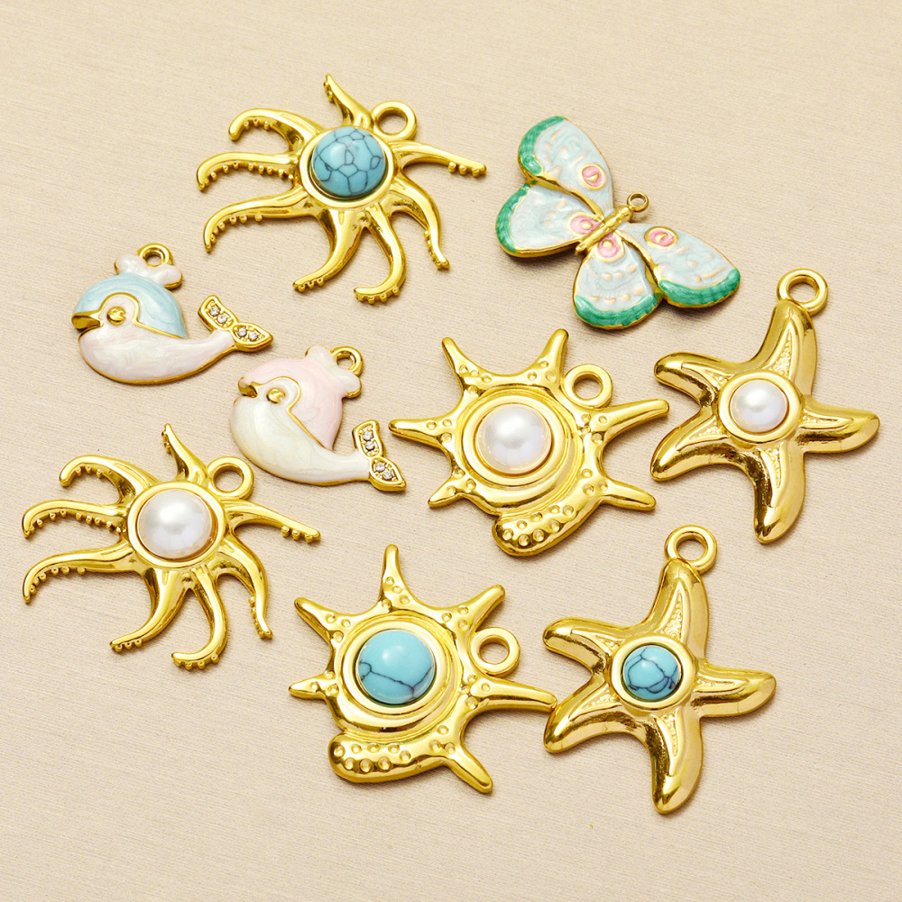 6pcs/pack Wholesale Stainless Steel Natural Stone Anemone Starfish Diy Charms Dolphin Conch Necklace Pendants Butterfly Jewelry