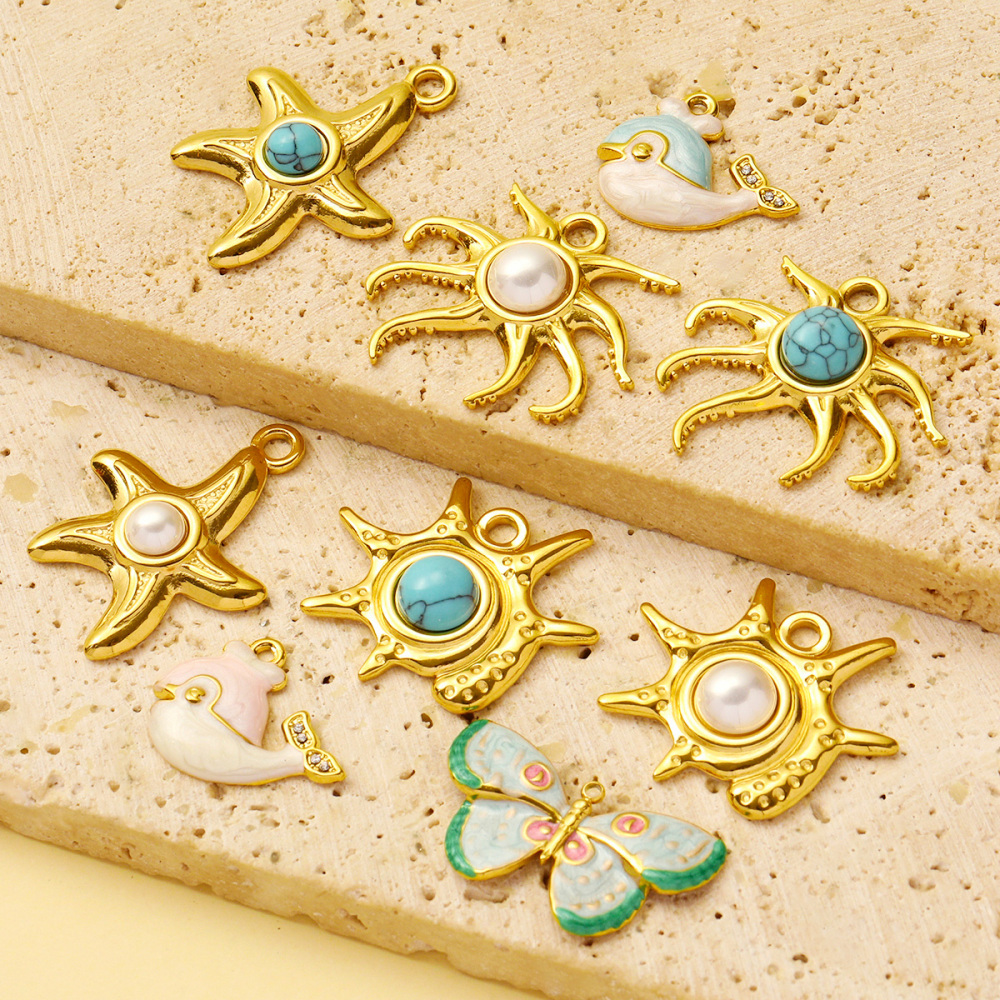6pcs/pack Wholesale Stainless Steel Natural Stone Anemone Starfish Diy Charms Dolphin Conch Necklace Pendants Butterfly Jewelry