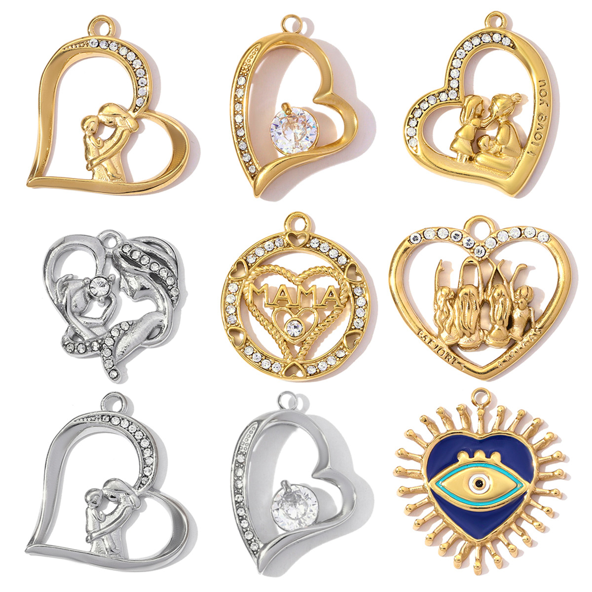 6pcs/pack Stainless Steel Rhinestone Love Mother Heart Necklace Pendants MAMA Child DIY Charms Women Eye Jewelry Wholesale
