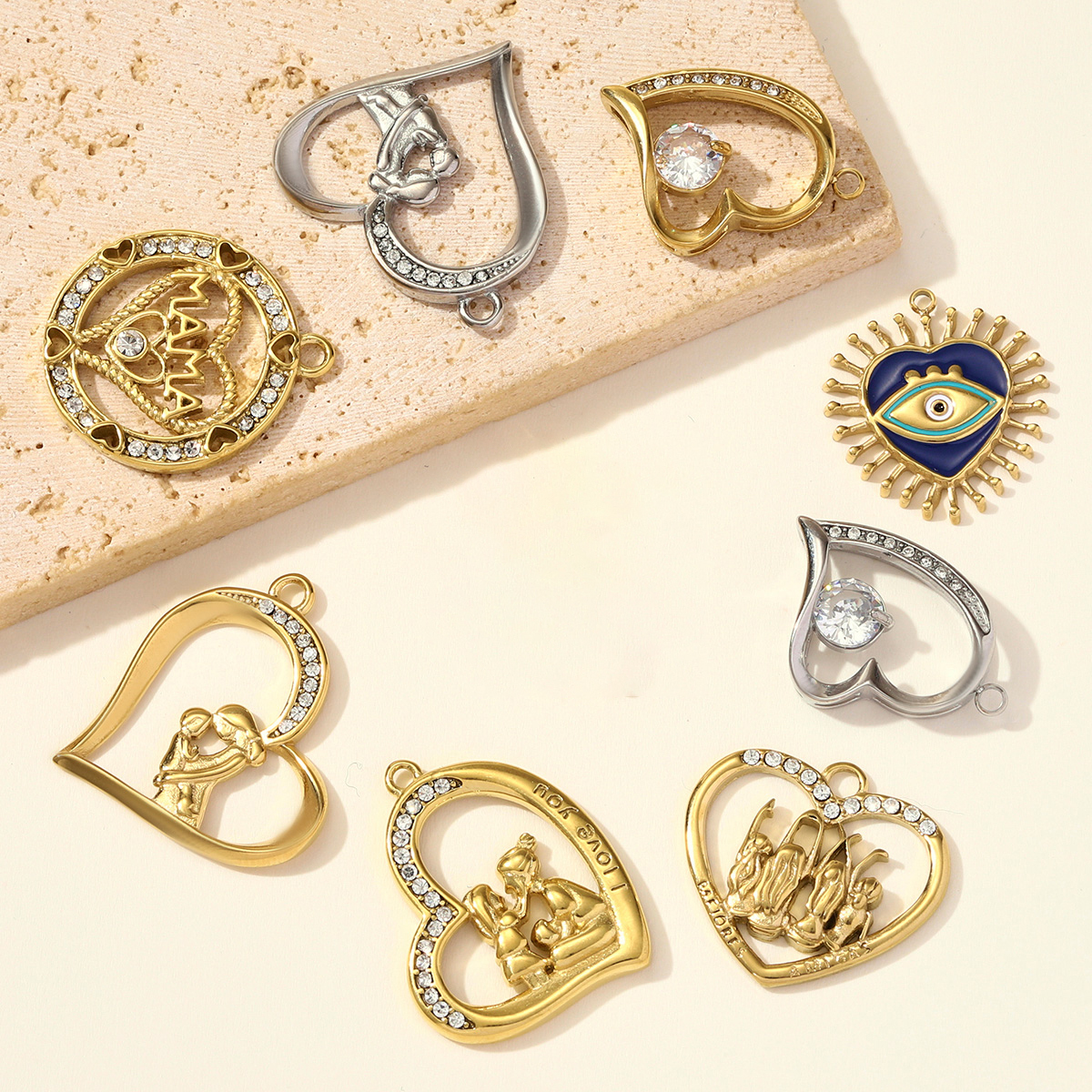 6pcs/pack Stainless Steel Rhinestone Love Mother Heart Necklace Pendants MAMA Child DIY Charms Women Eye Jewelry Wholesale