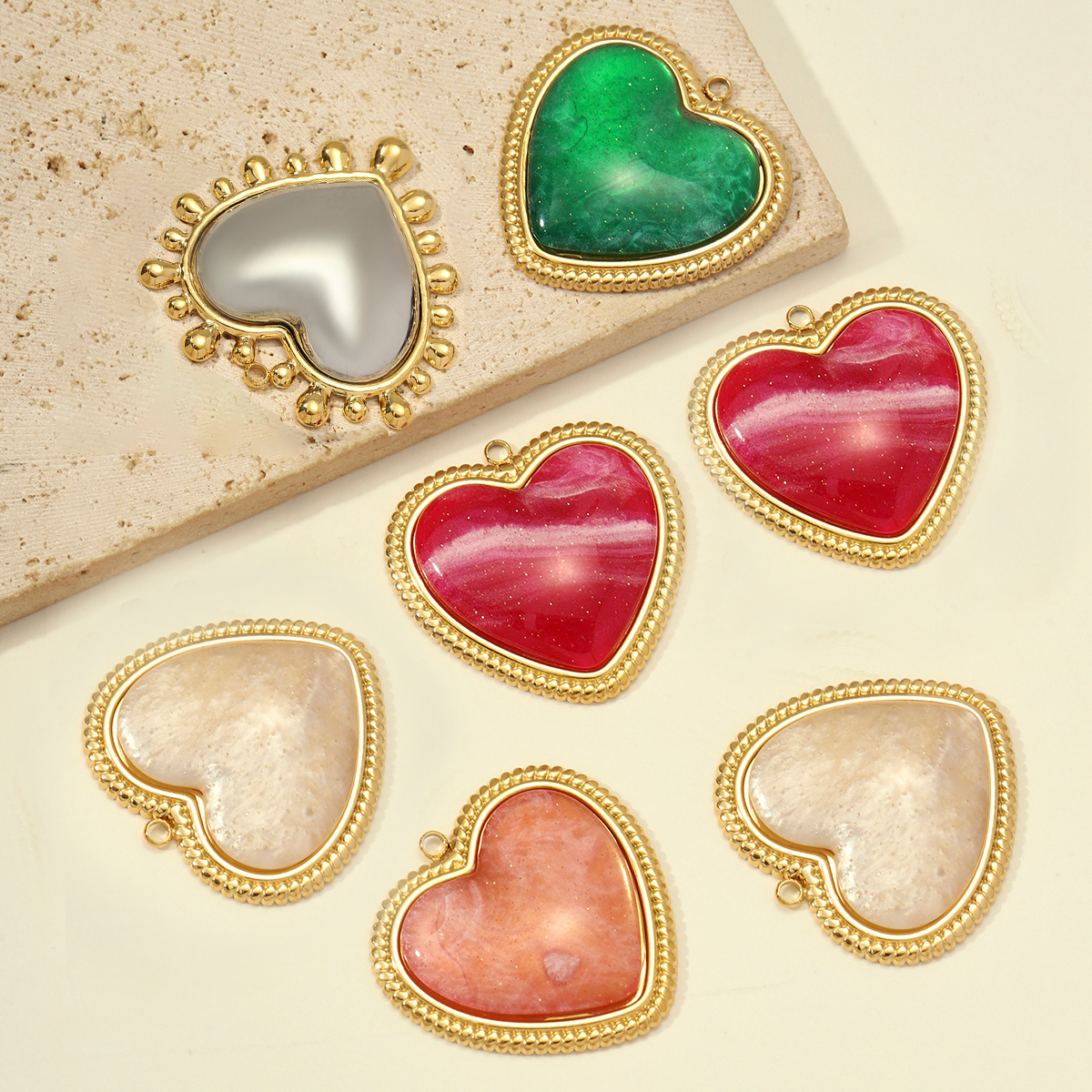 6pcs/pack Stainless Steel Resin Big Love Heart DIY Earring Charms Relief Rhinestone Sun Necklace Pendants Women Jewelry Wholesale