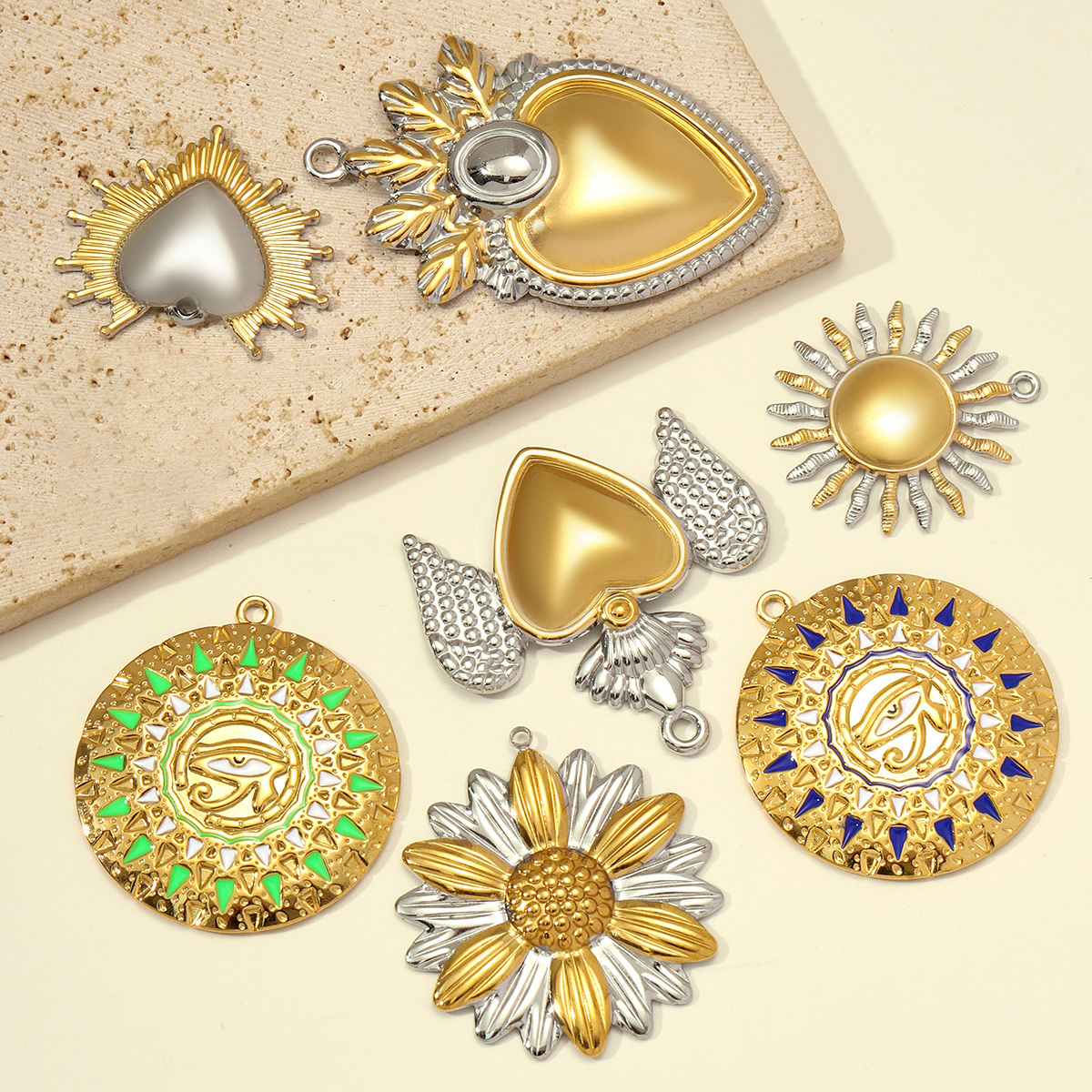 6pcs/pack Large Stainless Steel Tow Tine Sun FLower Moon DIY Earring Charm Heart Necklace Pendant Women Evil Eye Jewelry Wholesale
