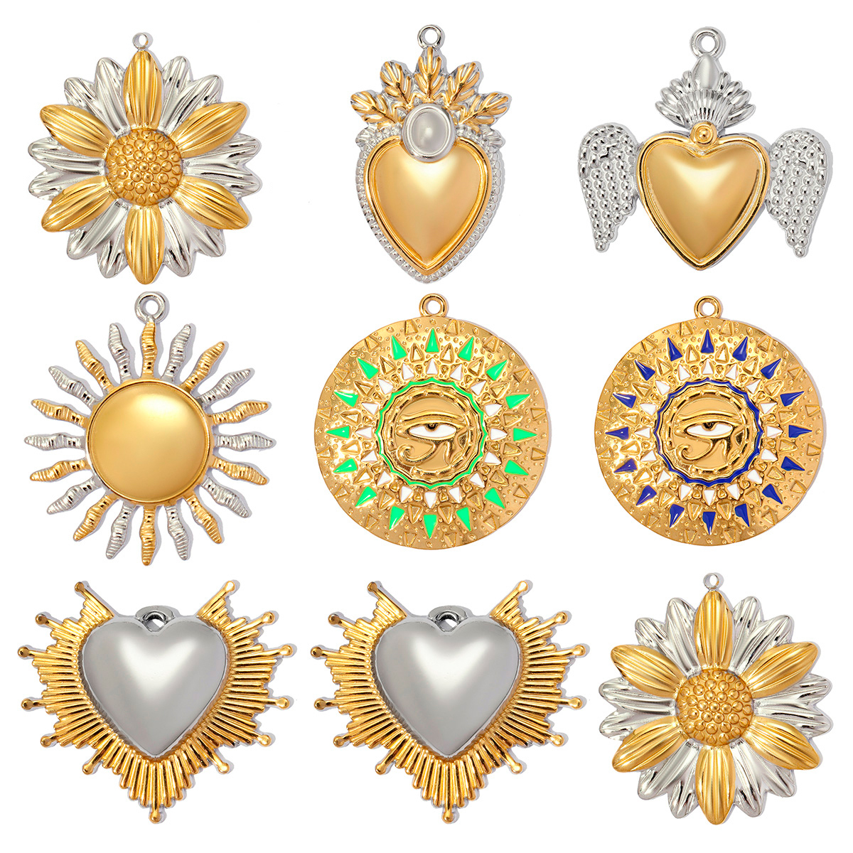 6pcs/pack Large Stainless Steel Tow Tine Sun FLower Moon DIY Earring Charm Heart Necklace Pendant Women Evil Eye Jewelry Wholesale
