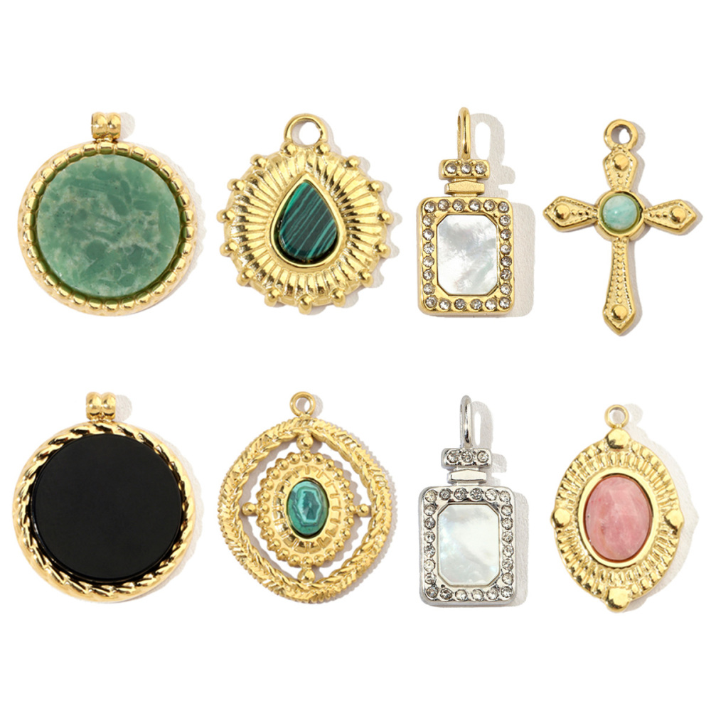 6pcs/pack Geometric Perfume Natural Stone Stainless Steel Diy Charms Women Waterdrop Necklace Pendant Cross Jewelry