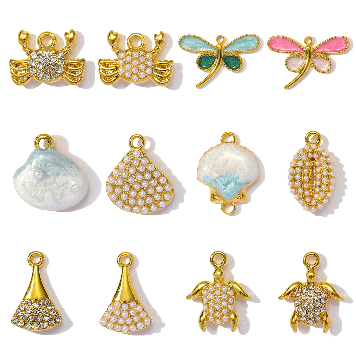6pcs/pack Wholesale Stainless Steel Enamel Dragonfly Shell Diy Charms Woman Turtle Crab Necklace Pendants Pearl Conch Jewelry