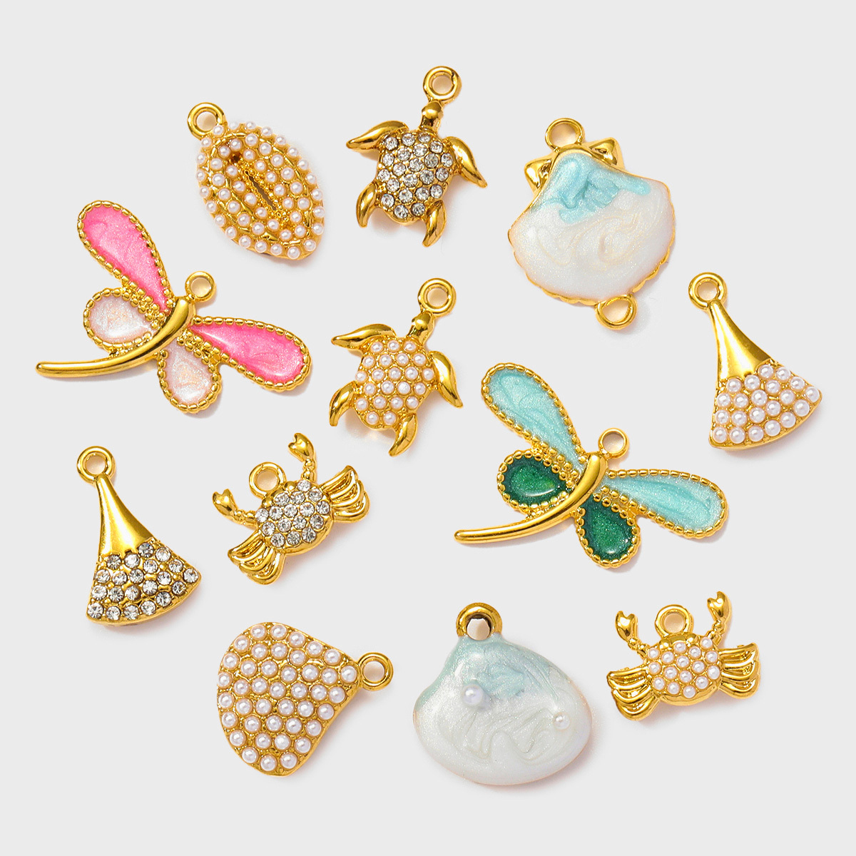 6pcs/pack Wholesale Stainless Steel Enamel Dragonfly Shell Diy Charms Woman Turtle Crab Necklace Pendants Pearl Conch Jewelry