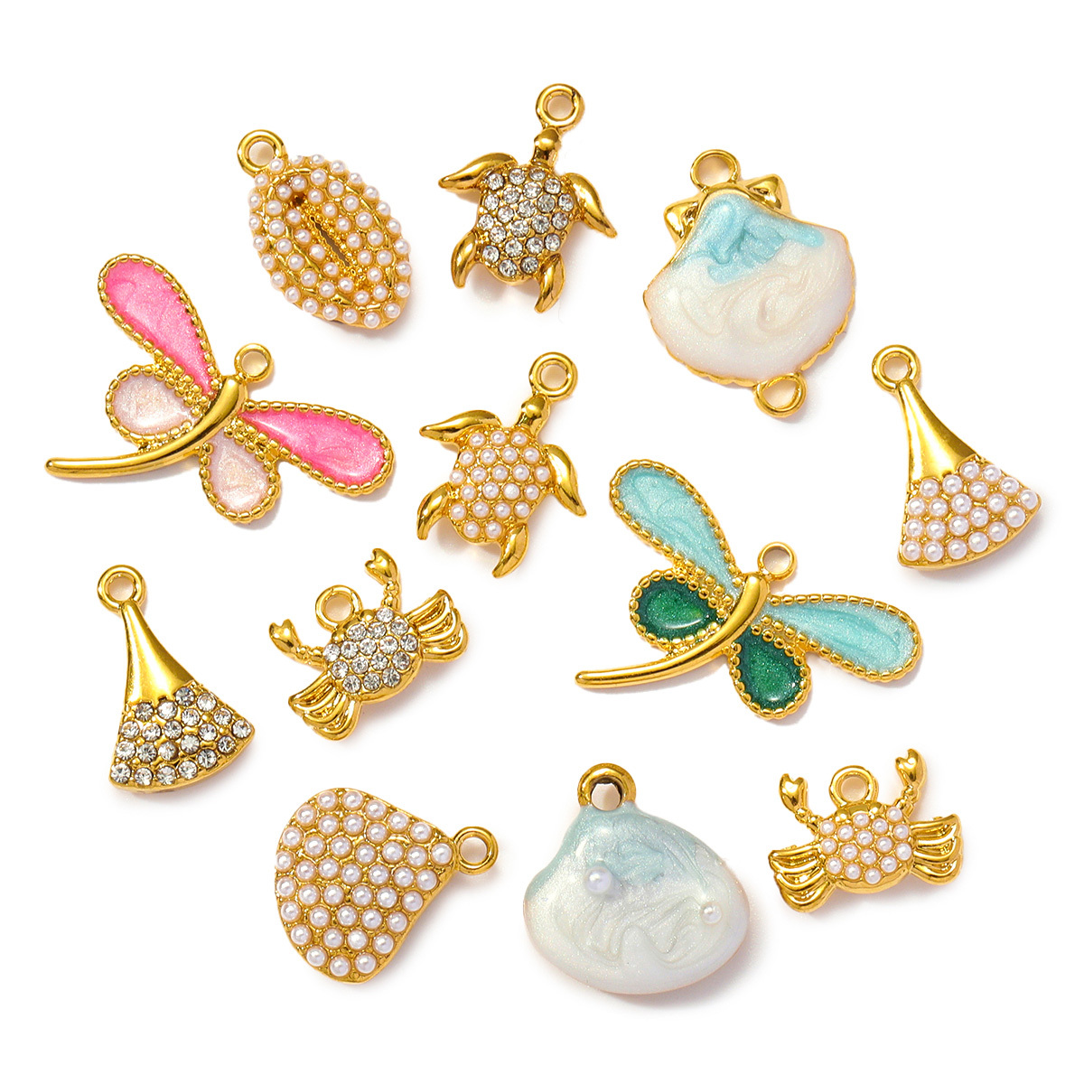 6pcs/pack Wholesale Stainless Steel Enamel Dragonfly Shell Diy Charms Woman Turtle Crab Necklace Pendants Pearl Conch Jewelry