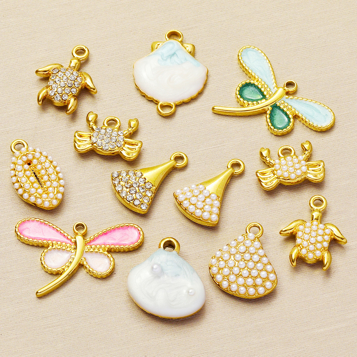 6pcs/pack Wholesale Stainless Steel Enamel Dragonfly Shell Diy Charms Woman Turtle Crab Necklace Pendants Pearl Conch Jewelry