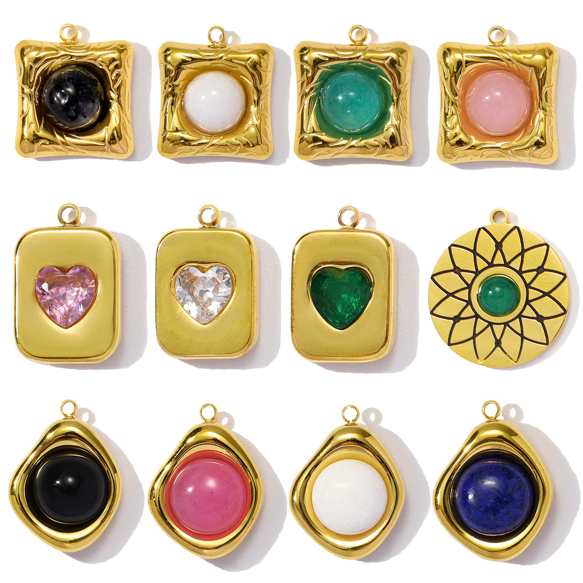 6pcs/pack Wholesale Stainless Steel Natural Stone Geometric Diy Charms Woman Crystal Love Heart Necklace Pendants Lotus Jewelry