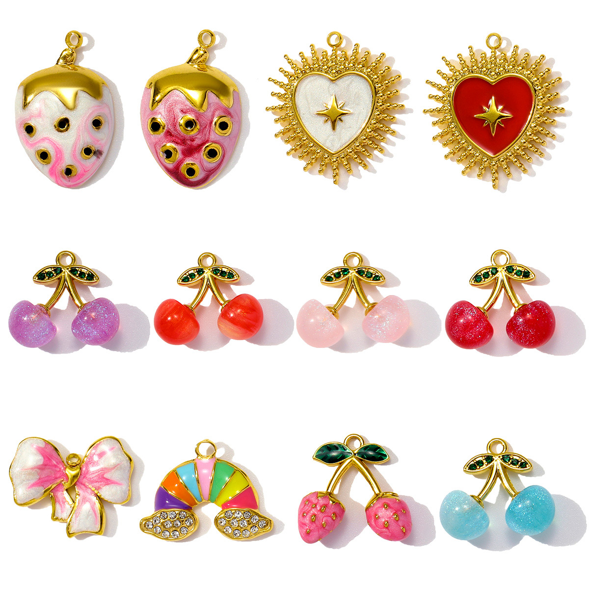 6pcs/pack Wholesale Stainless Steel Enamel Knot Bow Rainbow Diy Charms Woman Cherry Strawberry Necklace Pendants Heart Jewelry