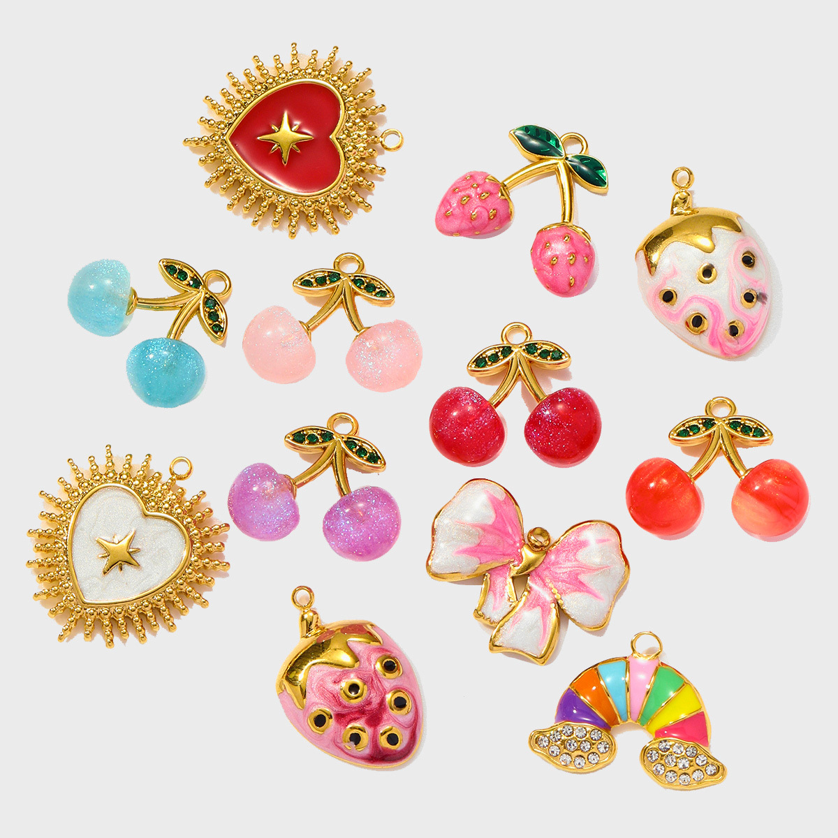 6pcs/pack Wholesale Stainless Steel Enamel Knot Bow Rainbow Diy Charms Woman Cherry Strawberry Necklace Pendants Heart Jewelry