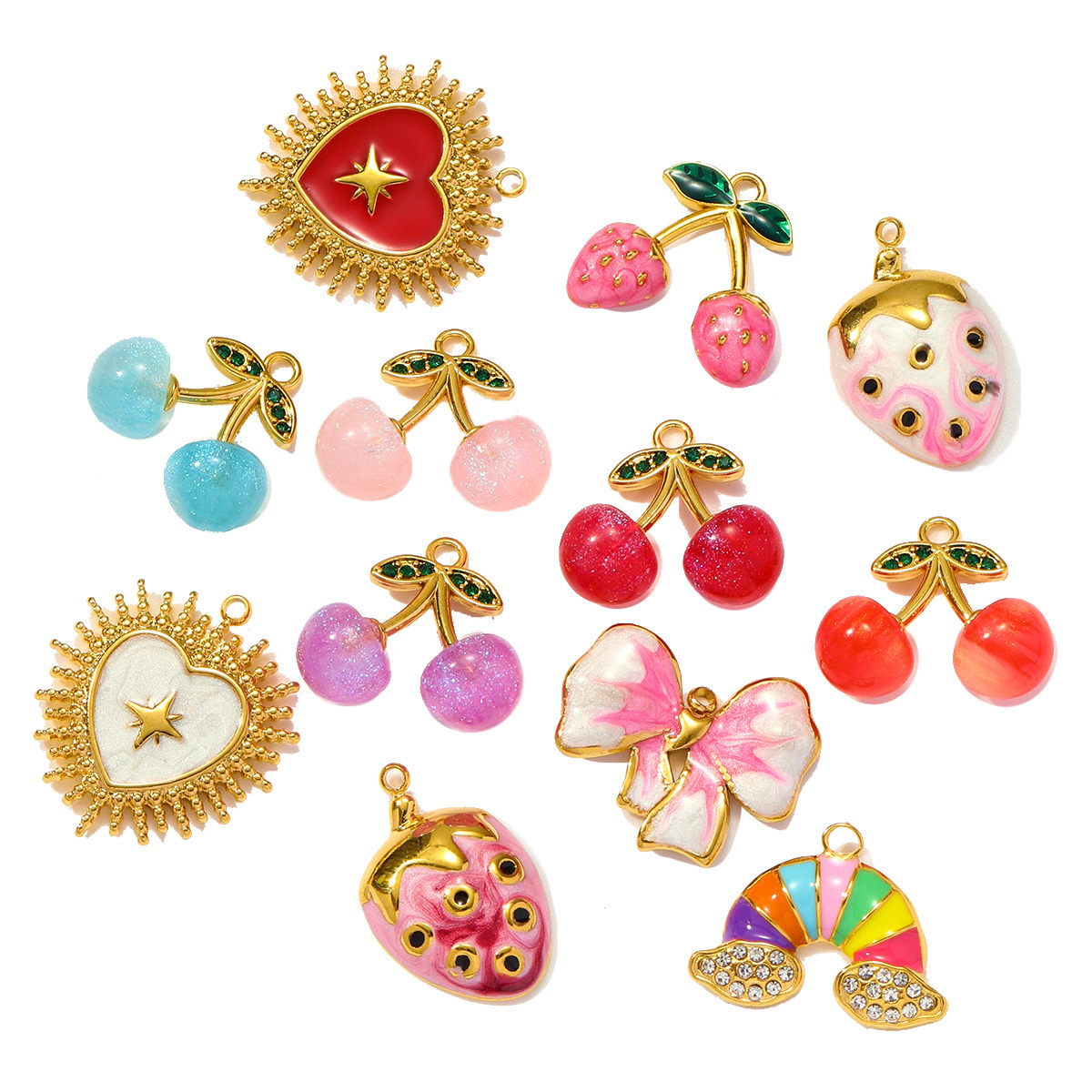 6pcs/pack Wholesale Stainless Steel Enamel Knot Bow Rainbow Diy Charms Woman Cherry Strawberry Necklace Pendants Heart Jewelry