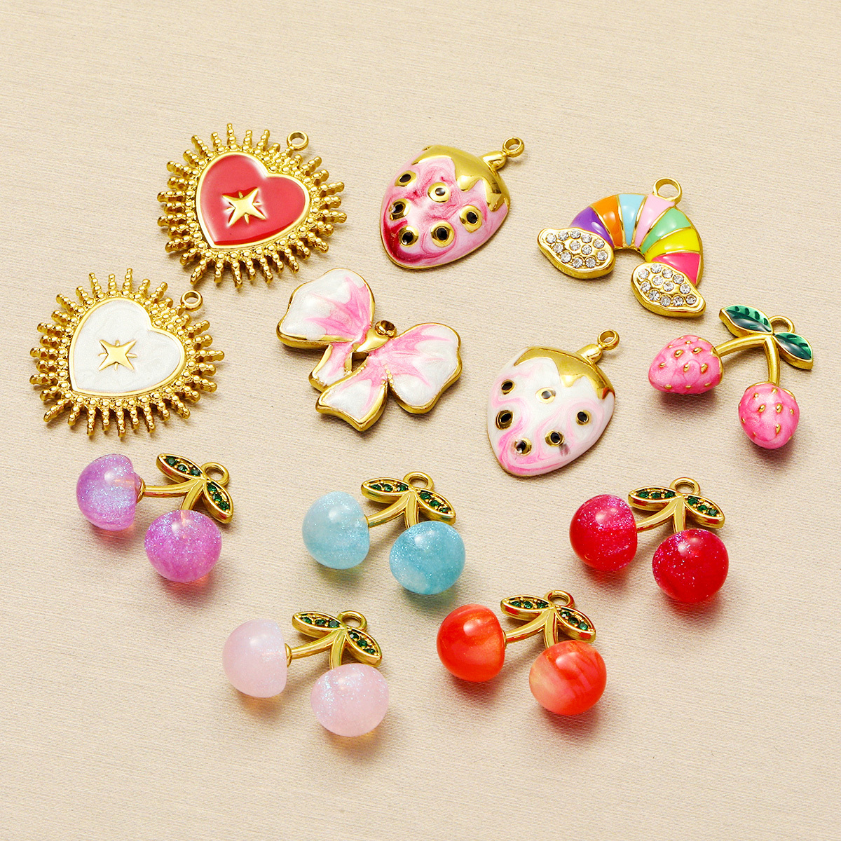 6pcs/pack Wholesale Stainless Steel Enamel Knot Bow Rainbow Diy Charms Woman Cherry Strawberry Necklace Pendants Heart Jewelry