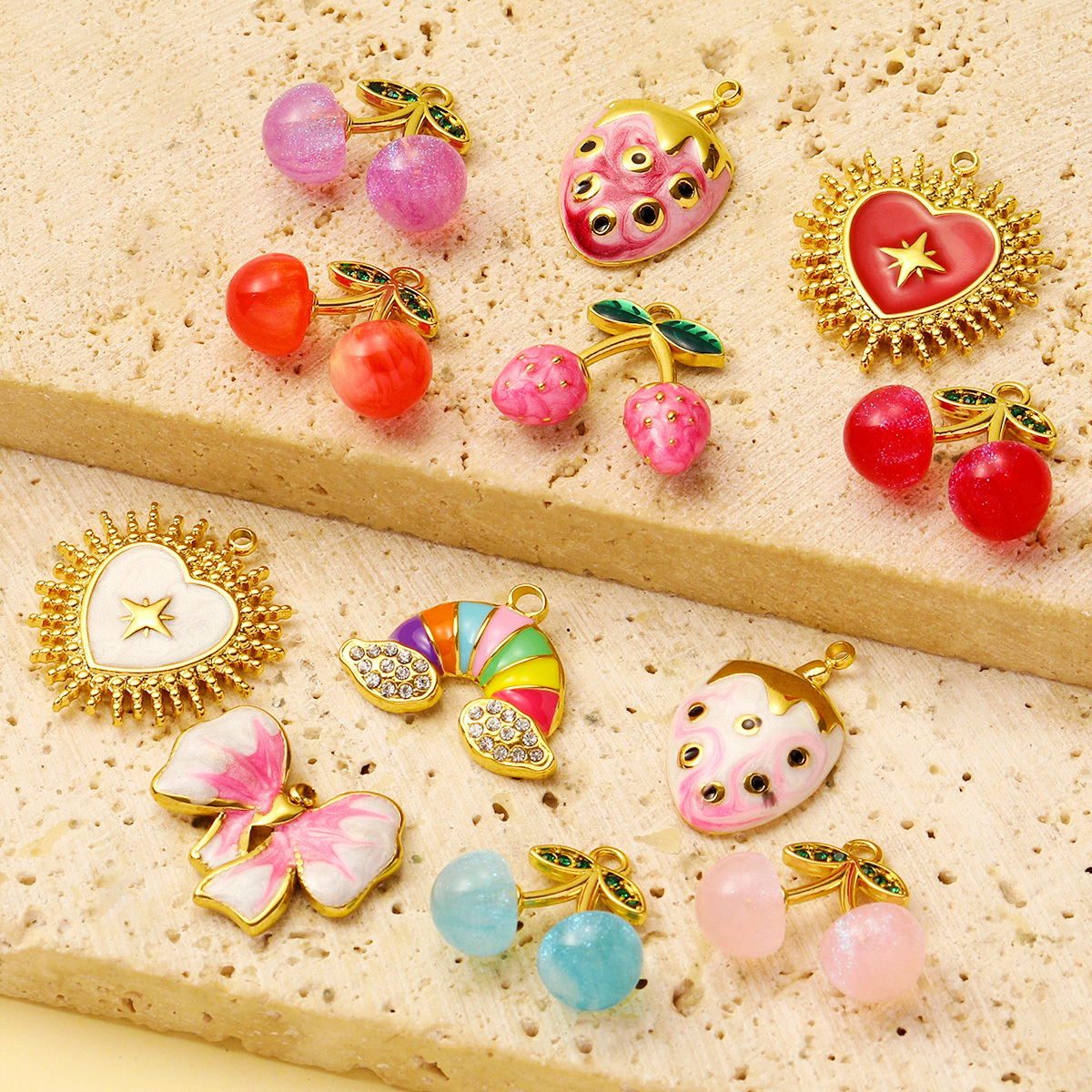 6pcs/pack Wholesale Stainless Steel Enamel Knot Bow Rainbow Diy Charms Woman Cherry Strawberry Necklace Pendants Heart Jewelry