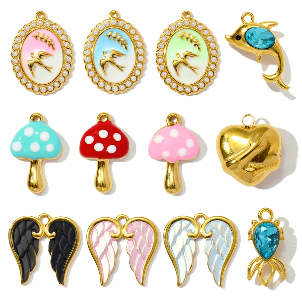 6pcs/pack Stainless Steel Enamel Swallow Pearl Heart Wings Pendant Mushroom Dolphin Goldfish DIY Charms Women Jewelry
