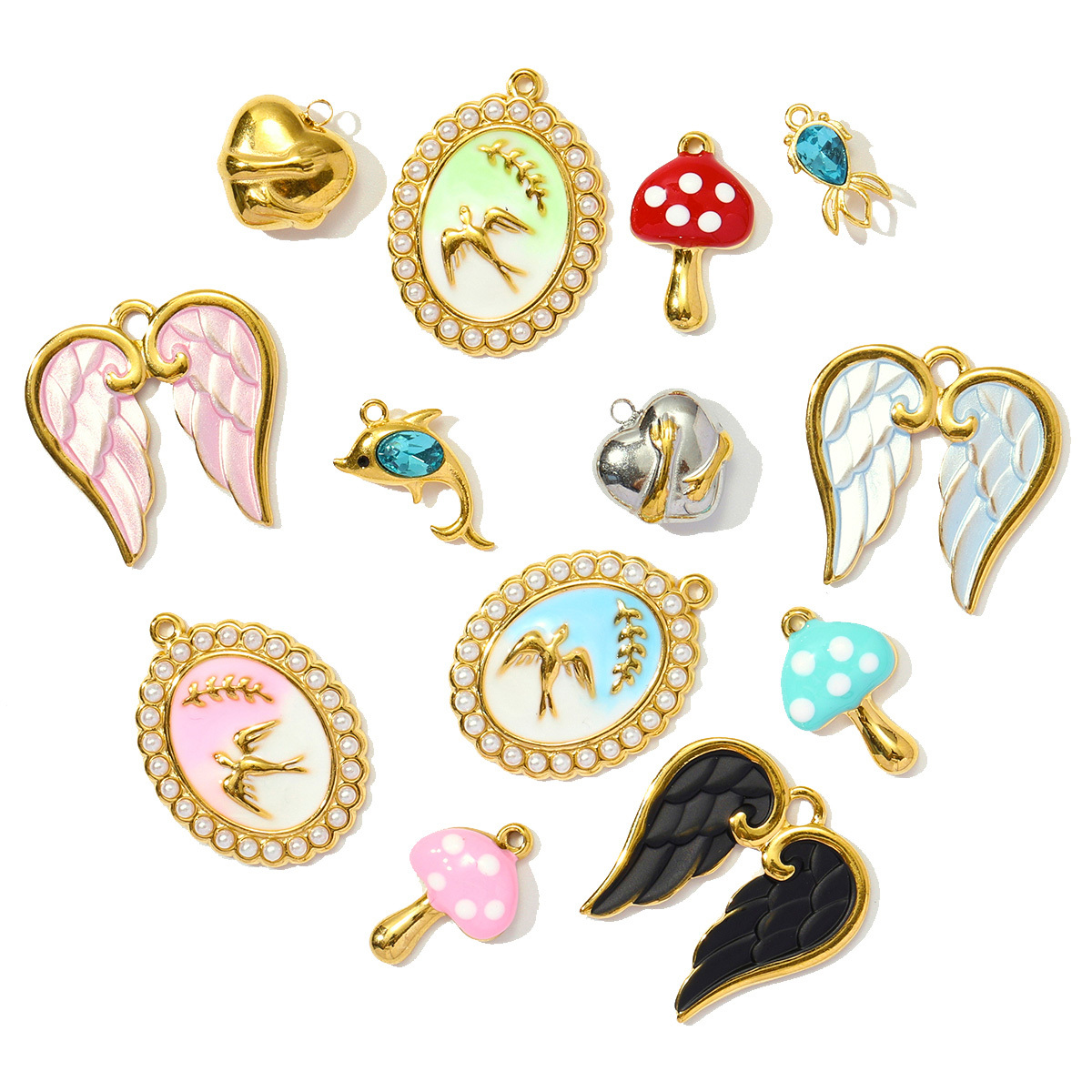 6pcs/pack Stainless Steel Enamel Swallow Pearl Heart Wings Pendant Mushroom Dolphin Goldfish DIY Charms Women Jewelry