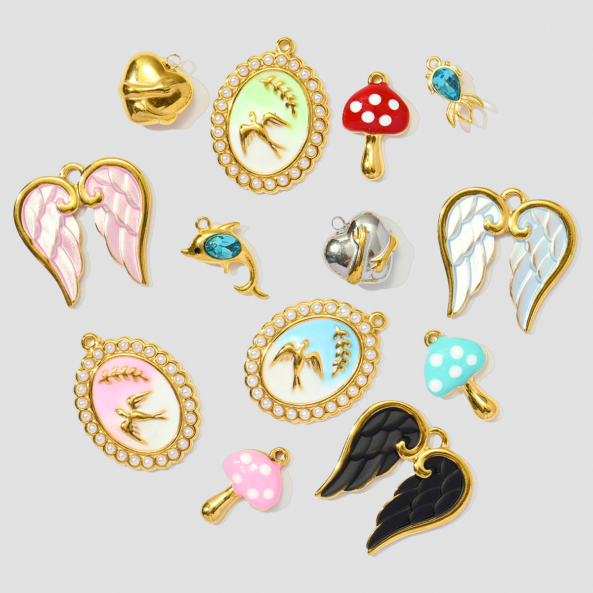 6pcs/pack Stainless Steel Enamel Swallow Pearl Heart Wings Pendant Mushroom Dolphin Goldfish DIY Charms Women Jewelry