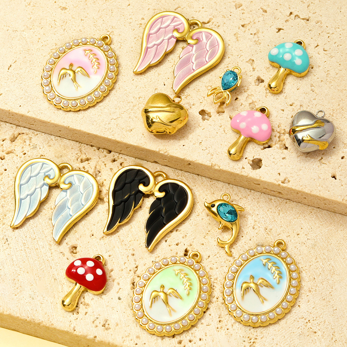 6pcs/pack Stainless Steel Enamel Swallow Pearl Heart Wings Pendant Mushroom Dolphin Goldfish DIY Charms Women Jewelry