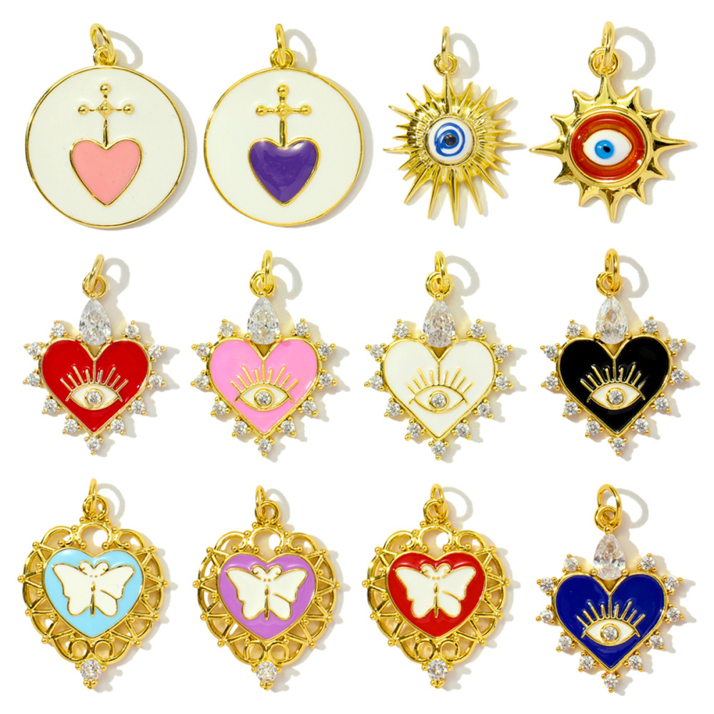 6pcs/pack Trendy Copper Zirocn Enamel Heart Pendants Evil Eye Butterfly DIY Charms Women Necklace Making Jewelry