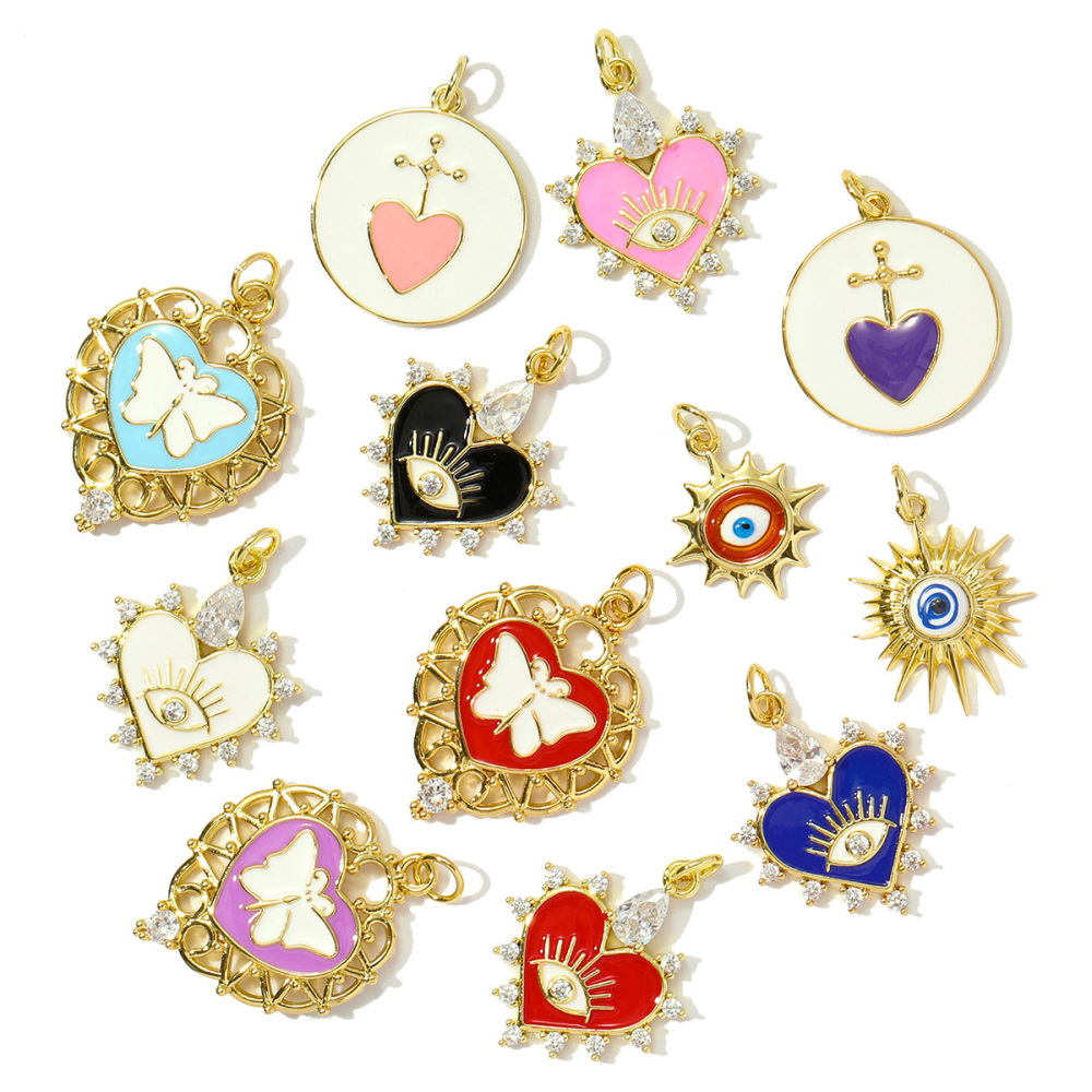 6pcs/pack Trendy Copper Zirocn Enamel Heart Pendants Evil Eye Butterfly DIY Charms Women Necklace Making Jewelry