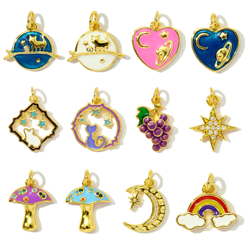 6pcs/pack Copper Enamel Cat Planet Grape Rainbow DIY Charms Zircon Mushroom Star Moon Pendants Women Necklace Making Jewelry