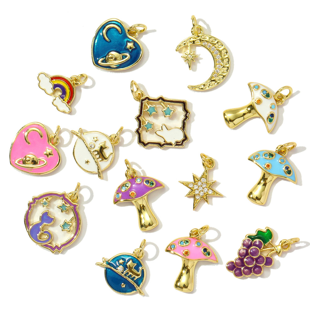 6pcs/pack Copper Enamel Cat Planet Grape Rainbow DIY Charms Zircon Mushroom Star Moon Pendants Women Necklace Making Jewelry