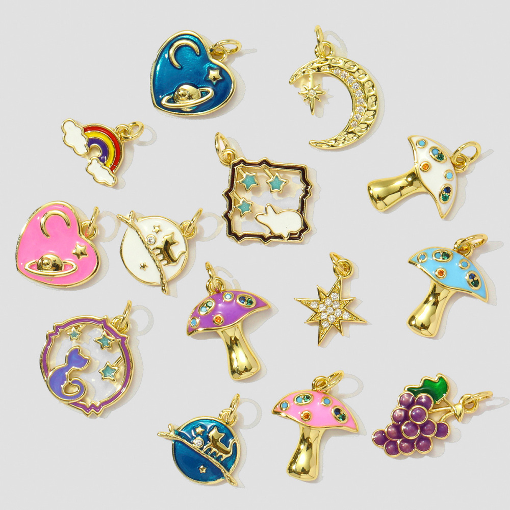 6pcs/pack Copper Enamel Cat Planet Grape Rainbow DIY Charms Zircon Mushroom Star Moon Pendants Women Necklace Making Jewelry