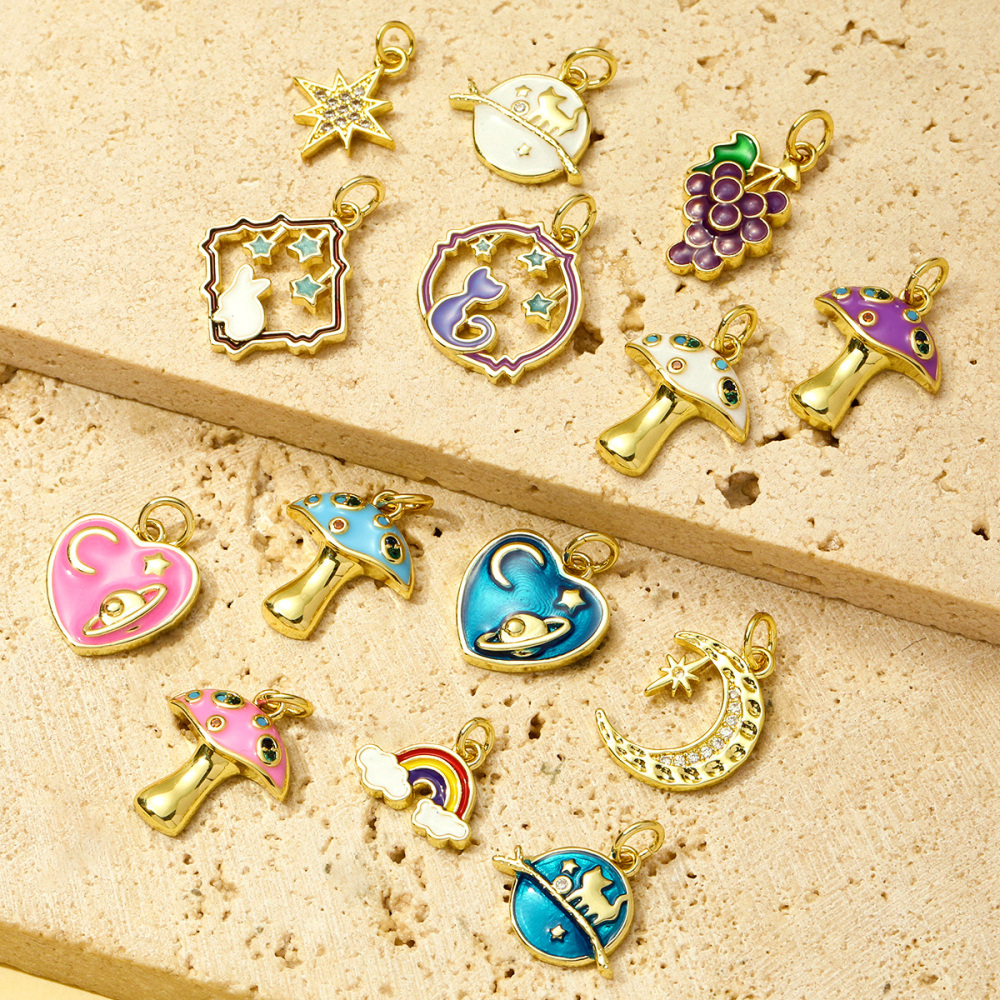 6pcs/pack Copper Enamel Cat Planet Grape Rainbow DIY Charms Zircon Mushroom Star Moon Pendants Women Necklace Making Jewelry