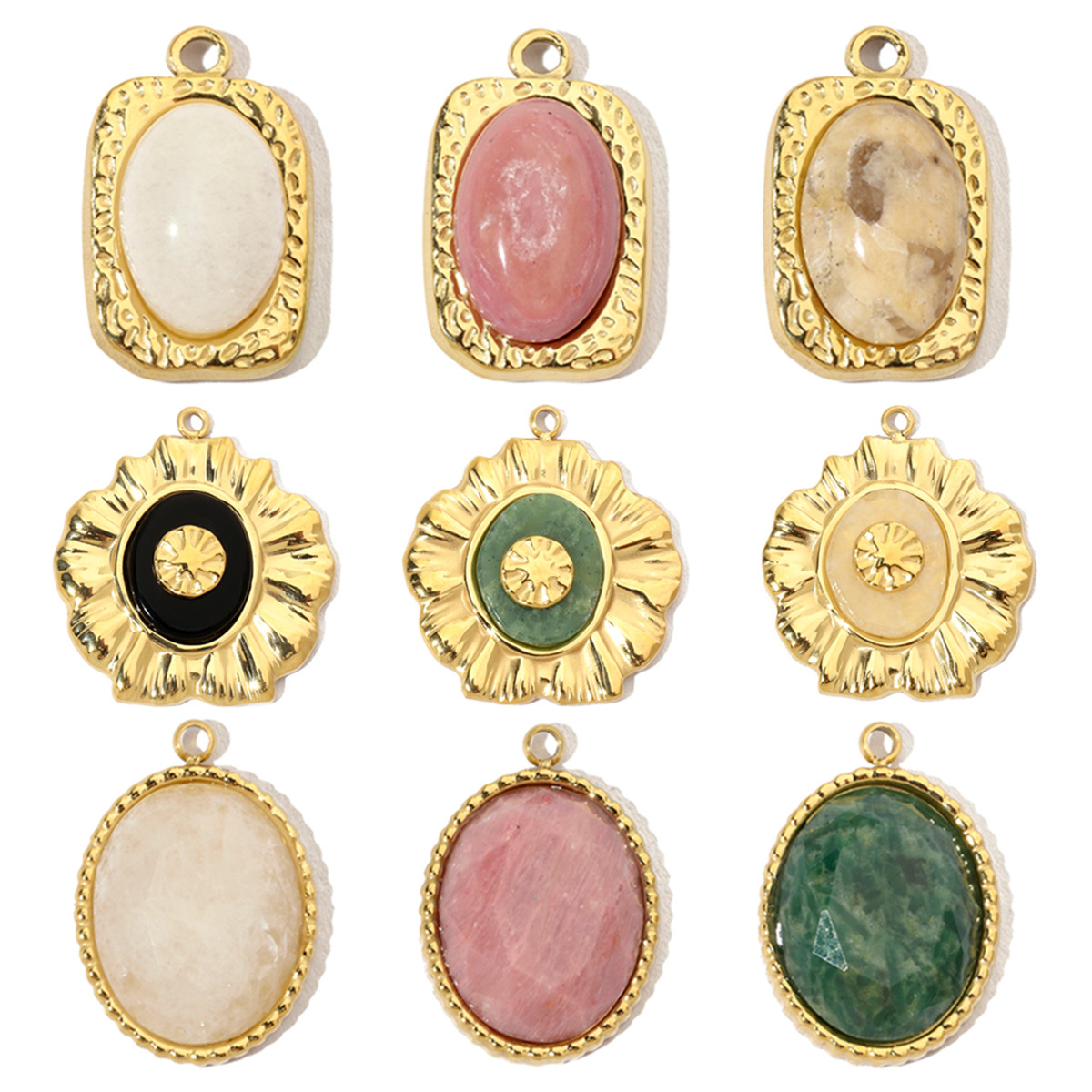 6pcs/pack Luxury Oval Natural Stone Stainless Steel Diy Charms Women Flower Necklace Pendant Rhodochrosite Jewelry